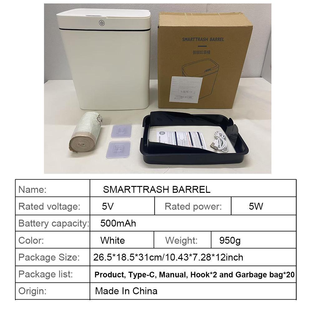 14L Compact Capacity Automatic Sensor Trash Can, Rechargeable Smart ABS Material Trash Can with 2 Counts Hook & 20pcs Garbage Bag, Suitable for Office, Home, Bedroom, Living Room, Kitchen, Bathroom