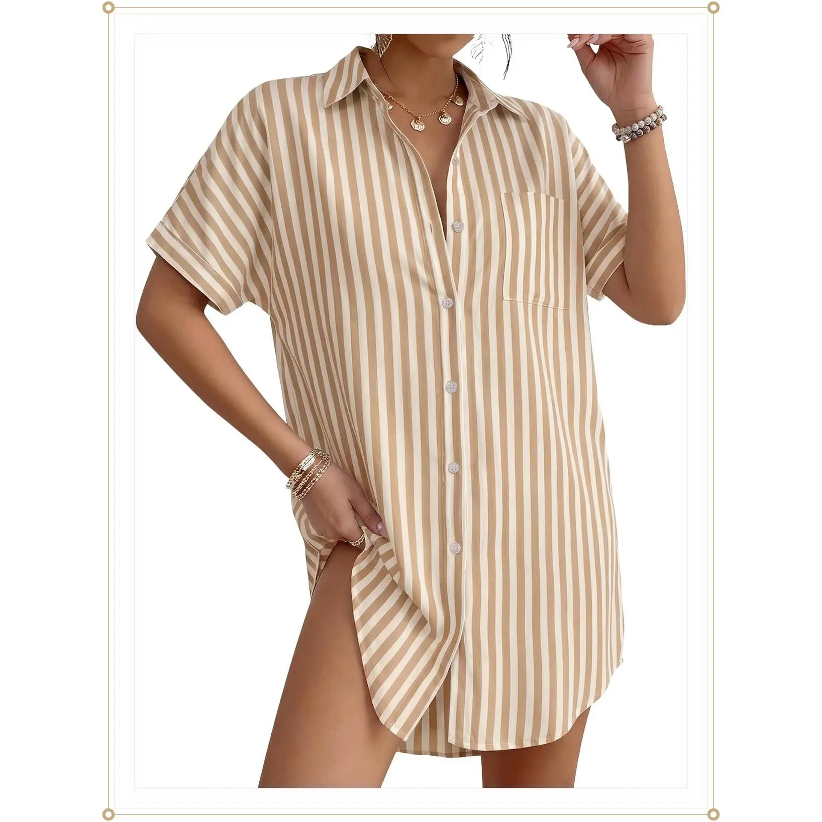 Women's Striped Swimsuit Cover Up Button Down Shirt Beach Dress Summer Outfits 2026Gift