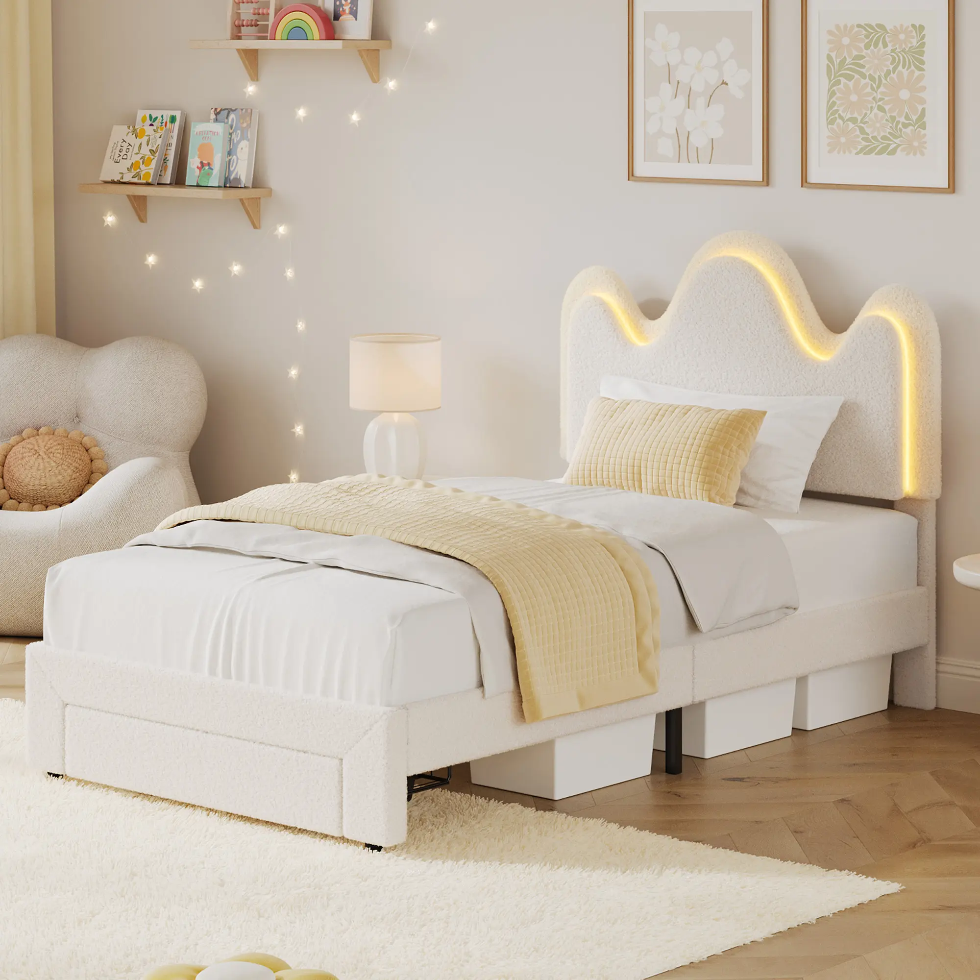 Upholstered LED Bed Frame with Storage Drawer and Chic Wavy Headboard, Lamb Fleece Fabric Bed for Children, Solid Wood Slats Support, No Box Spring Needed