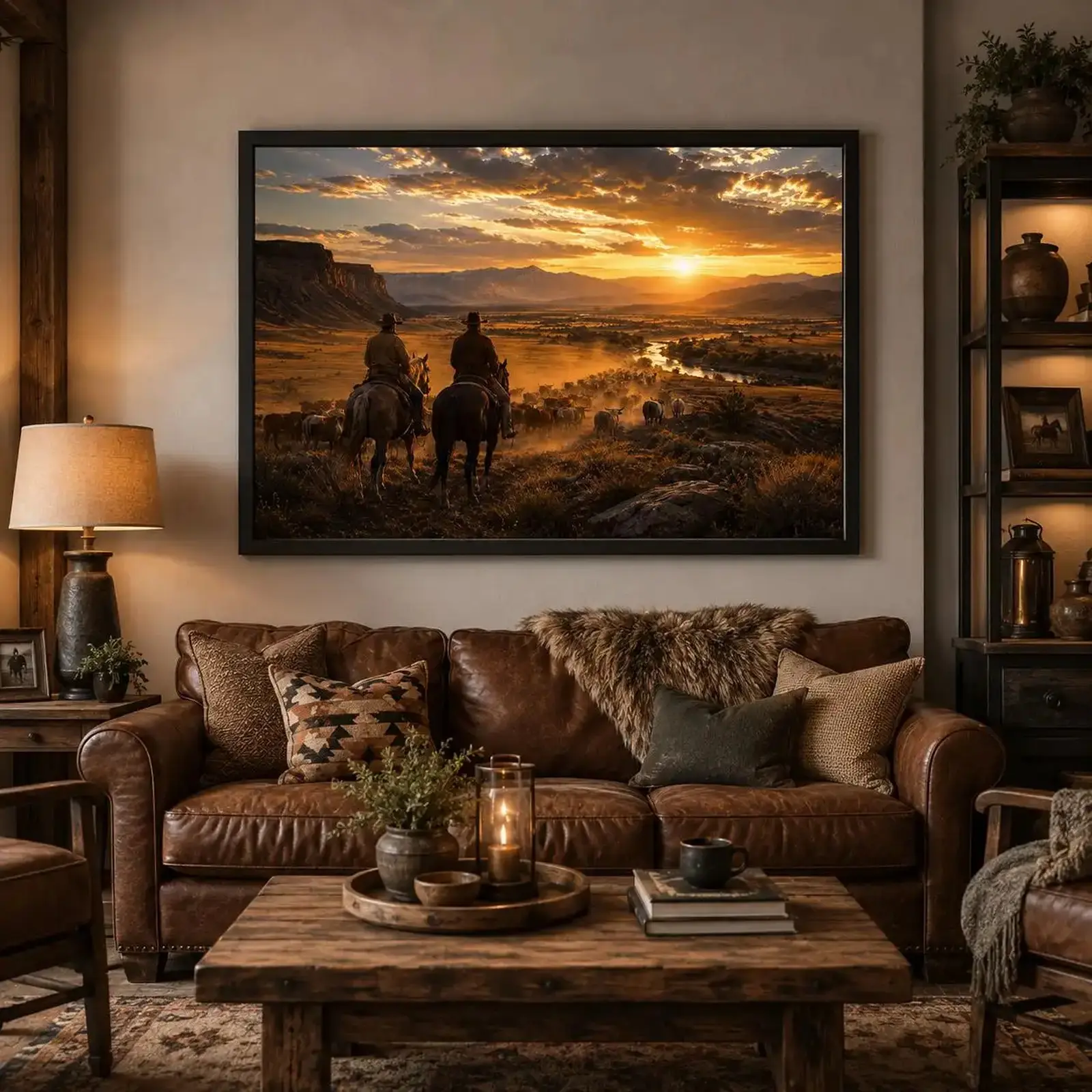 Western Canvas Wall Art – Sunset Cattle Drive Print, Cowboy Ranch Decor, Texas Longhorn Landscape Artwork, Rustic Farmhouse Wall Decor for Living Room, Western Heritage Gift for Cowboy Lovers Western Frontier Montana Sunset