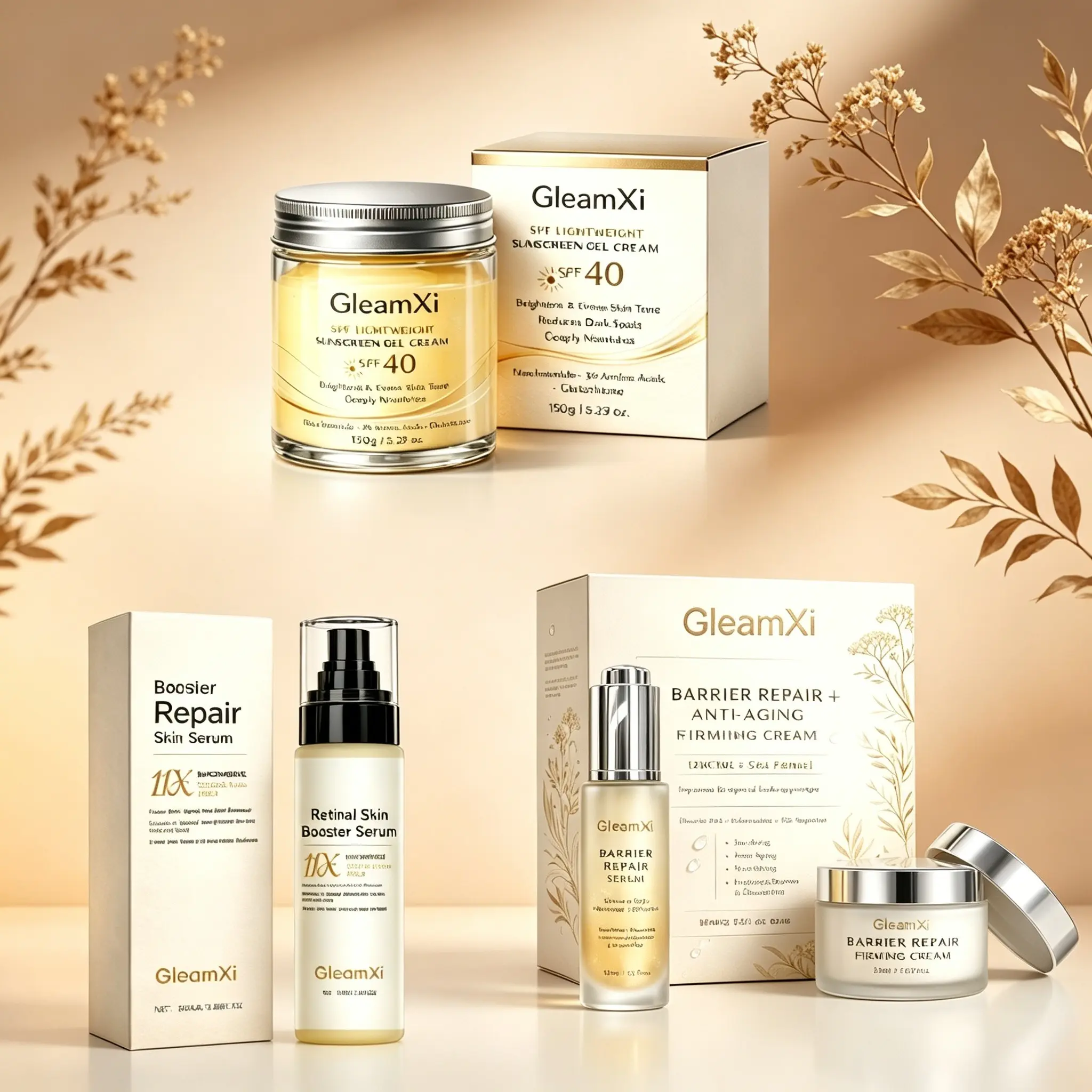 Gleamxi Complete Facial Skincare Set for All Skin Types, Spf40 Day Protection Gel, Retinol Serum, Firming Cream, Moisturizing Sunscreen