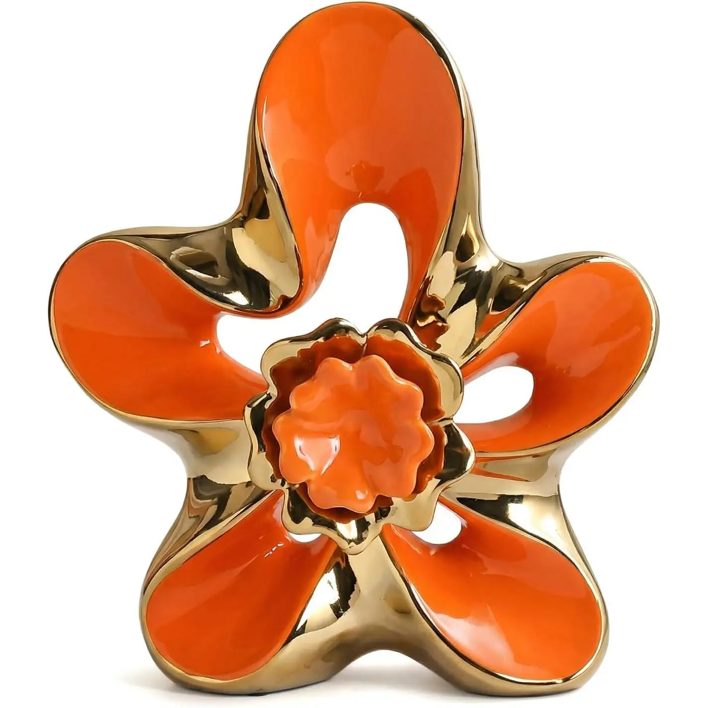 Ceramic Statue Home Decor Aesthetic Abstract Flower Sculpture Modern Decorative Statues for Living Room Bedroom Bookshelf Desktop Dinging Table Centerpiece Office (Orange and Gold)