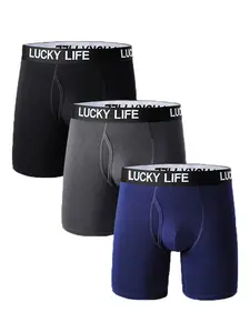3-Pack Modal Men's Underwear with Pockets, High Elasticity Breathable, Lucky Life Letter Waist Bag Design, Ideal for Daily Wear and Travel