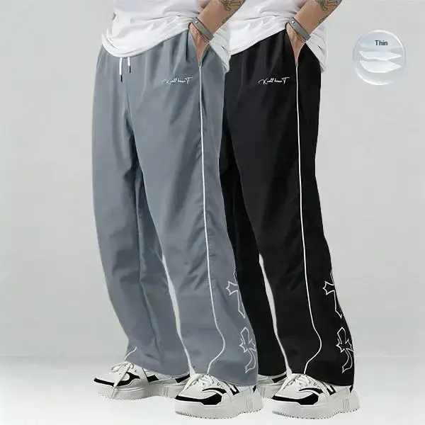2 Pack Gamis Bestie Men's Black Athletic Pants with White Side Stripes & Embroidered Design Casual Gym Wear Sweatpants Tracksuit Sports Bottoms Athleisure Style Tracksuit Outfit Sweatpants Set Drawstring Straight Leg Workout Clothing