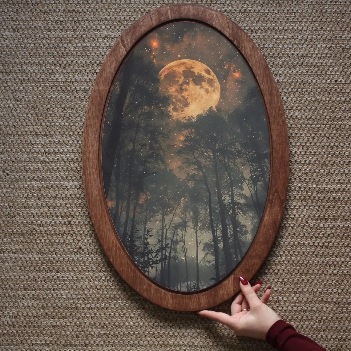Enchanting Full Moon Painting, Wooden Decor Plaque, 30cm Oval Wall Decor, Above Bed Wall Decor, Home Decor, Decorative Artwork, Celestial Moon Wall Art, Gothic Aesthetic Painting for Bedroom Living Room