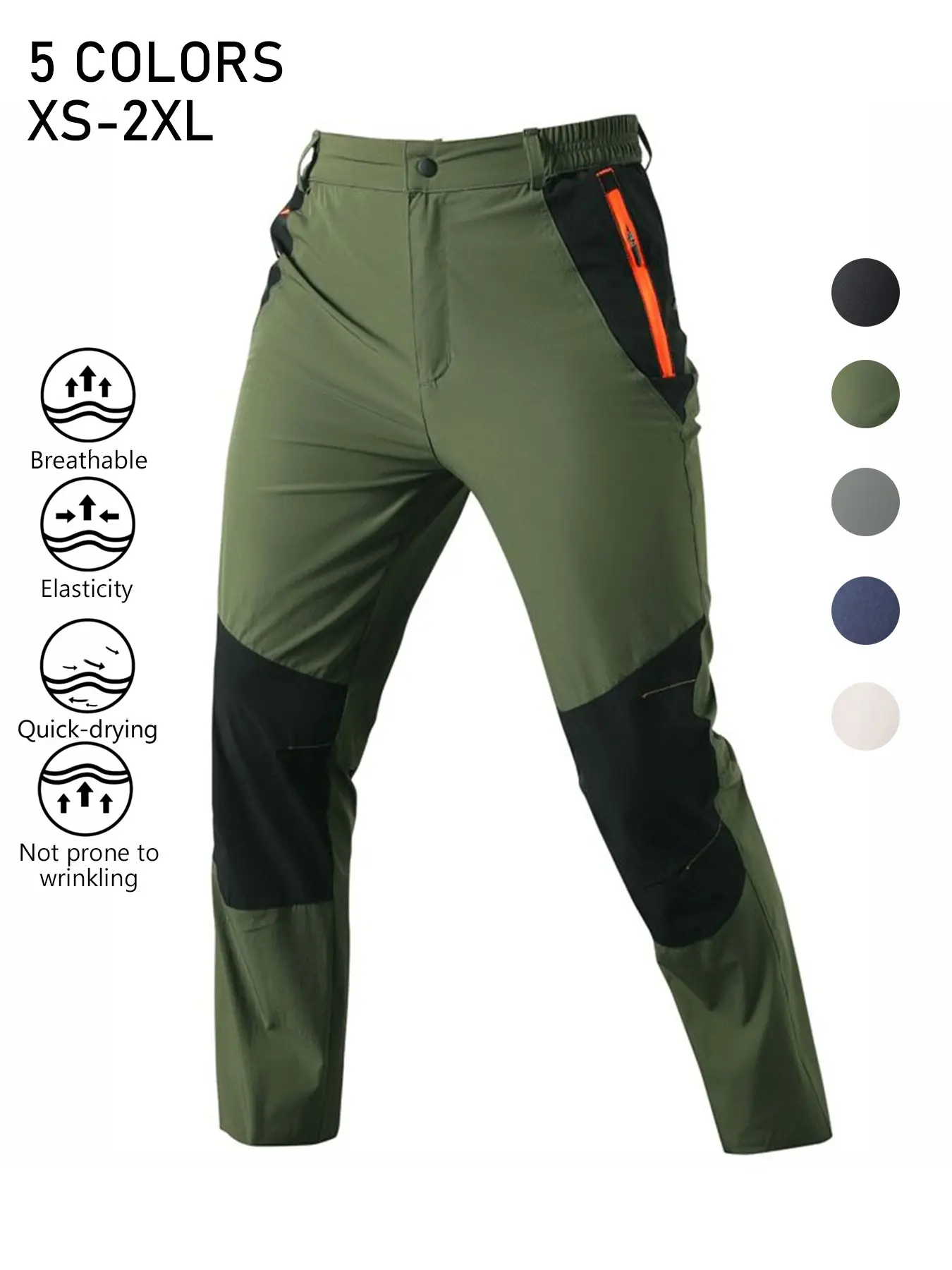Men's Color Block Outdoor Hiking Pants, Elastic Waist Quick Dry Breathable Wrinkle Resistant Straight Leg Trekking Trousers with Reinforced Knee & Zipper Security Pockets, Lightweight Stretch Pants for Camping Fishing Travel Outdoor Sports Daily Wear