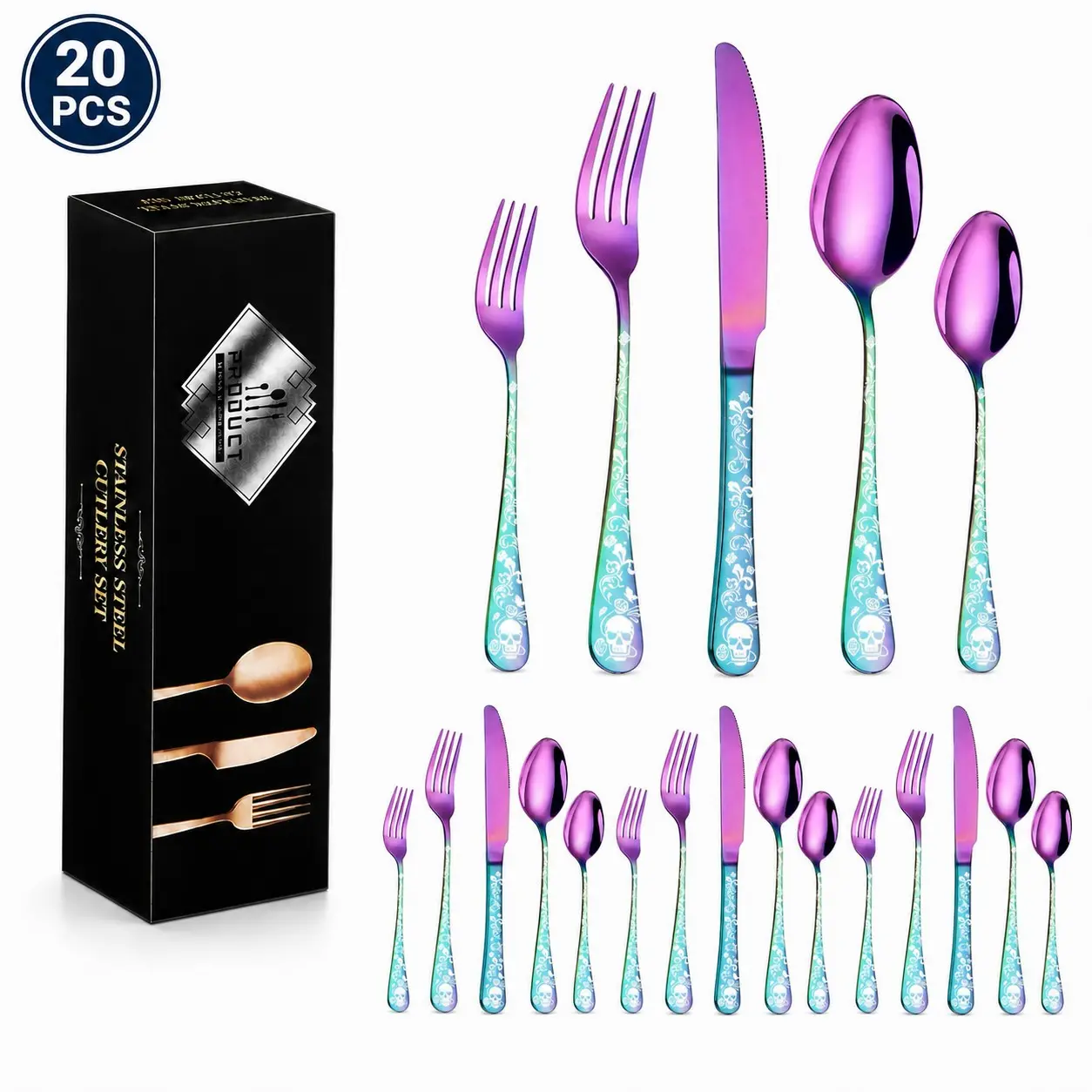Gothic Skull Pattern Stainless Steel Cutlery Set, Gradient Western Tableware, Home Party Dining Decor, Kitchen Tableware