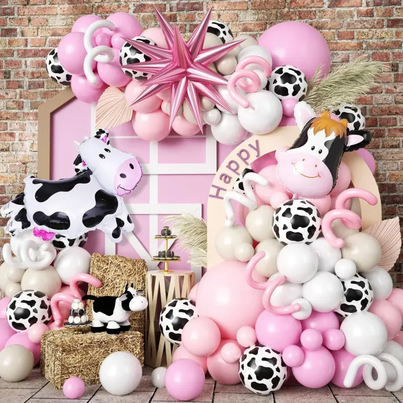 129Pcs Cow Balloon Garland Kit, Pink Farm Theme Balloon Arch Decorations, Balloon Arch Set, Girls Birthday Party Backdrop Supplies, Cow Print Farm Animal Party Decor