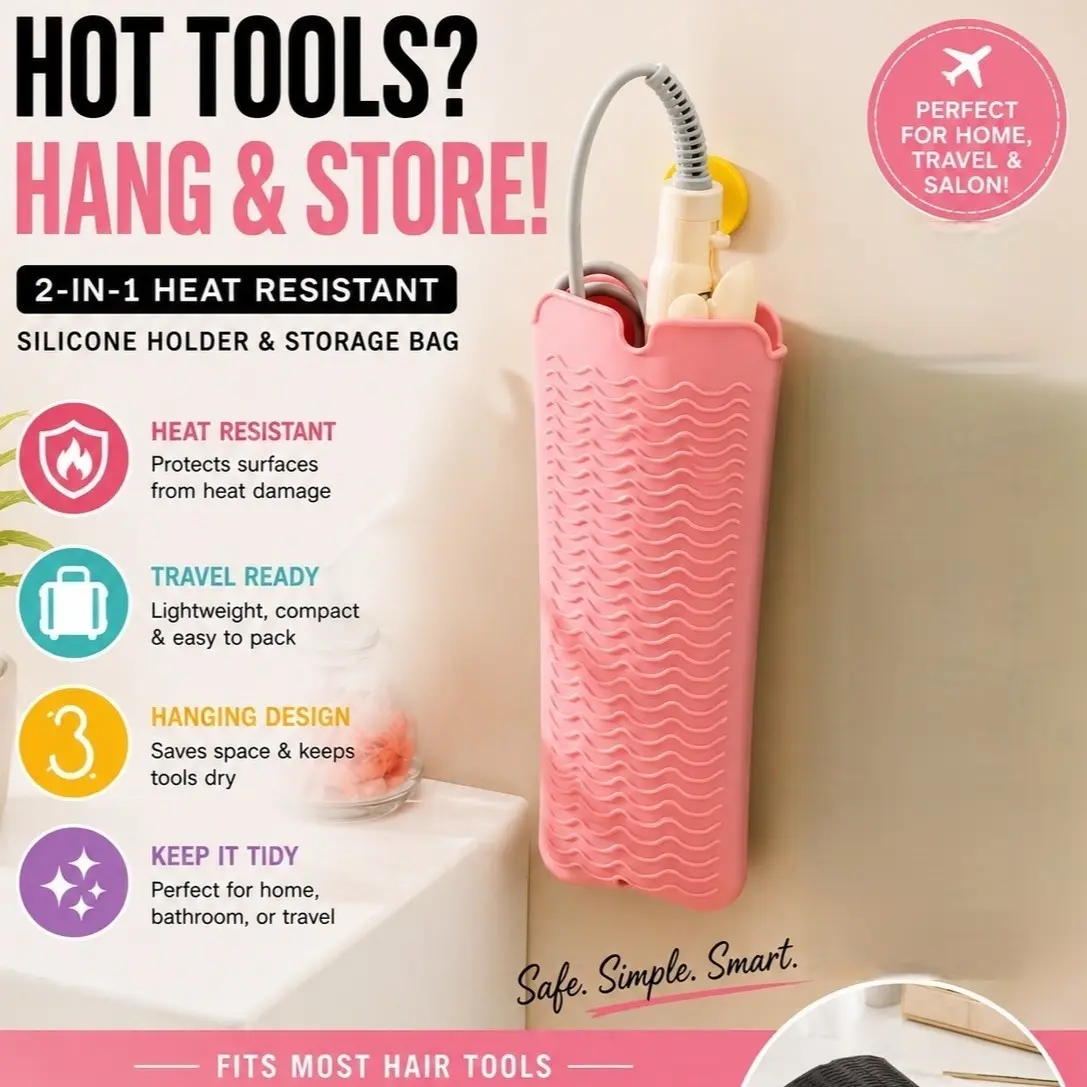 2-In-1 Heat Resistant Silicone Hair Tool Holder, Hanging Storage Bag Pouch for Flat Iron & Curling Iron, Travel & Bathroom Organizer, Organizing Tools