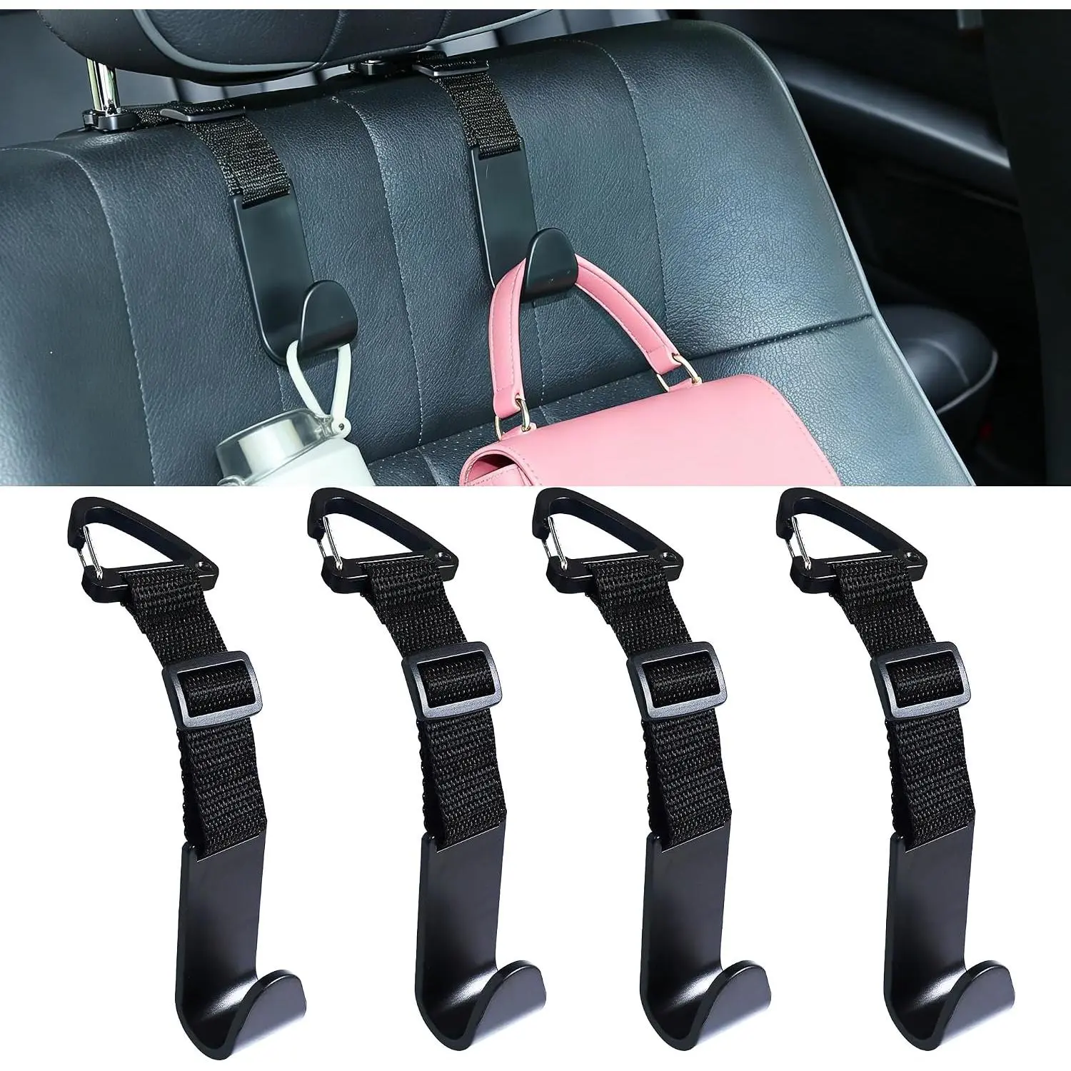Adjustable 4-Pack  Headrest Hooks -  Seat  Organizer with Heavy-Duty Clip for Purses, Bags & Groceries Black