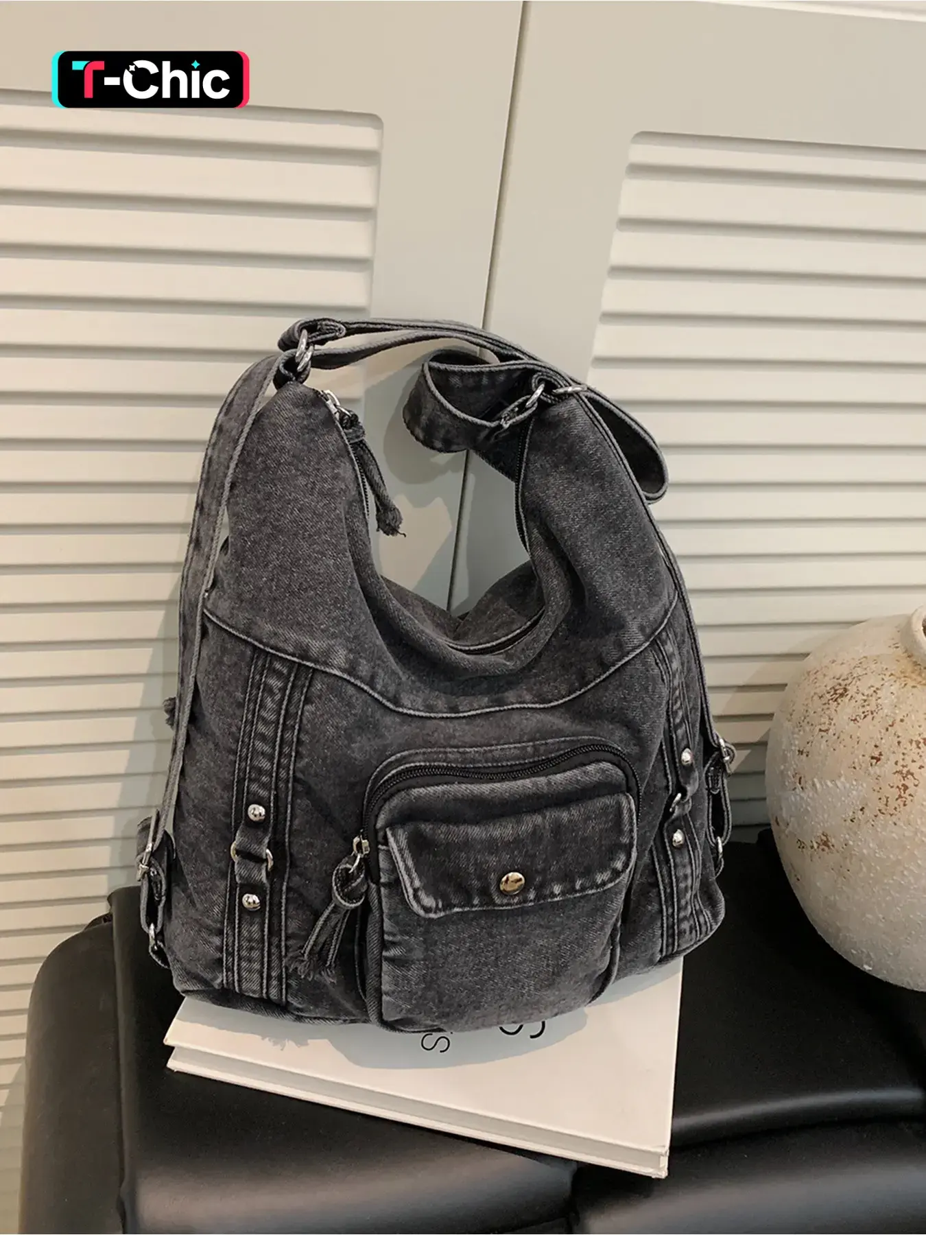 Washed vintage denim backpack; studded multi-pocket large capacity commuting bag with adjustable wide shoulder straps; casual crossbody shoulder bag; street retro lazy style travel storage; casual daypack