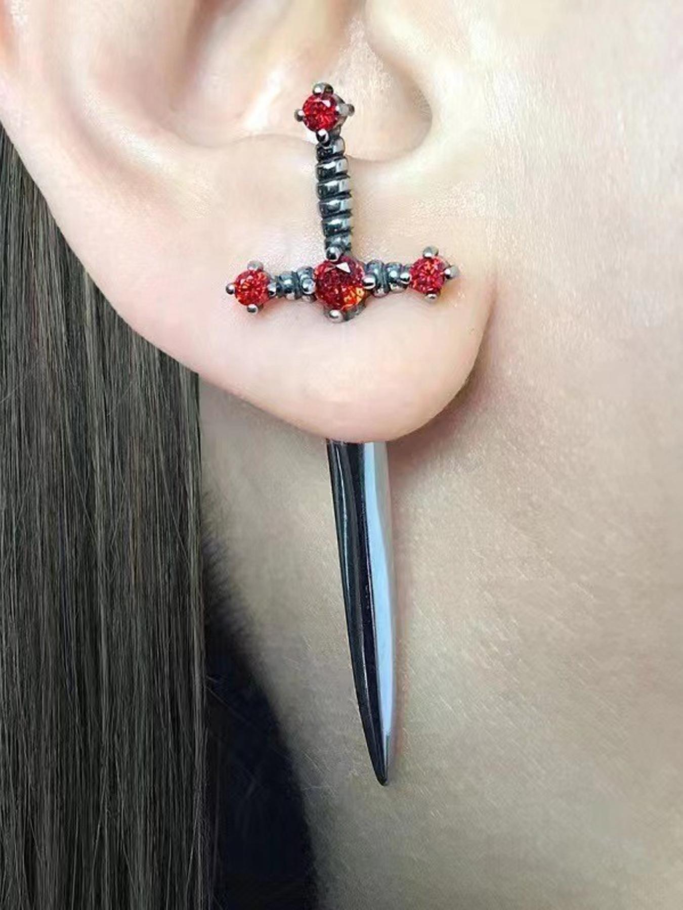 Artificial Crystal Decorated Gothic Sword Stud Earrings, 1 Pair Vintage Punk Jewelry for Women for Party, Daily Clothing Decor, Trendy All-match & Exquisite Jewelry for Birthday Gift, Cross Dangle Earring