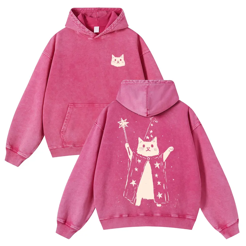 Oversize Vintage Washed Hoodie with Wizard Cat Graphic, Thick 380g Unisex Cotton Blend Pullover Sweatshirt, Jeans, Tops, Fit, Casual, Long Sleeve, Fashion Apparel