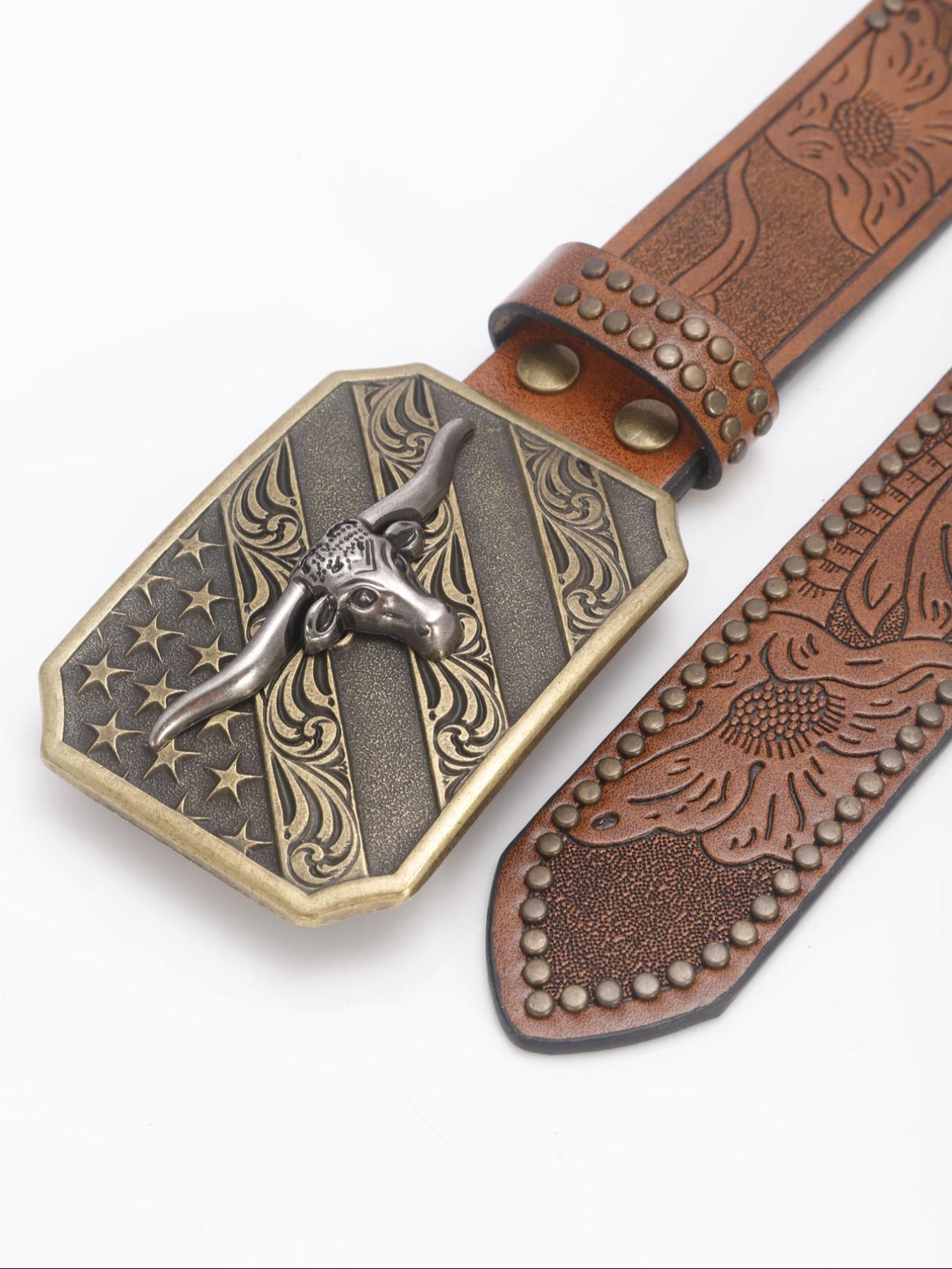 Men's Vintage Western Belt, Retro Style Flower Embossed Buckles Pu Leather Belt, Fashion Accessories for Daily Wear
