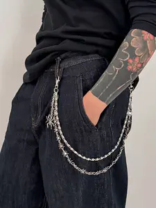 Silver Pants Chain Jeans Skirts, Double-Layer Link Spider Charm Jean Wallet Chain, Men Women Western Street Punk Hip Jewelry, Party Festival Accessory