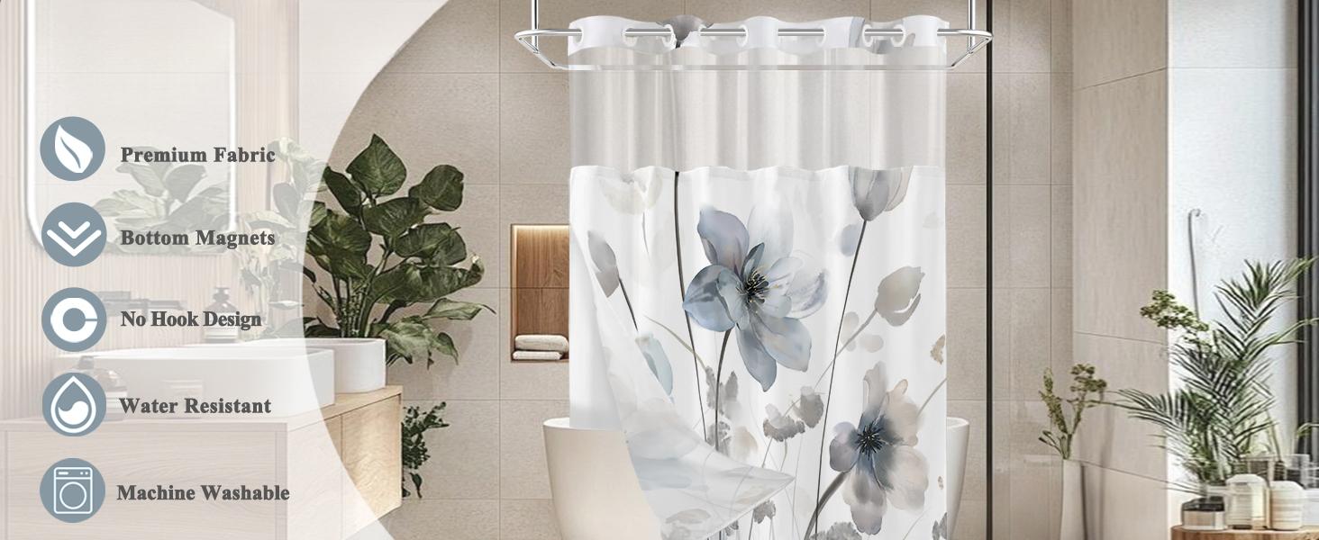 No Hook Shower Curtain and Liner Set, Blue and Grey Boho Floral Shower Curtains for Bathroom, Watercolor Flower Waterproof Bathroom Curtain Sets with Snap in Liner,