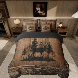 7 Pcs Deer Comforter Set with Sheets, Rustic Hunting Cabin Lodge Farmhouse Bedding for Men Women, Brown Nature Wildlife Antlers Bed in a Bag, All Season Soft Warm, Festival Birthday Gift Room Decor