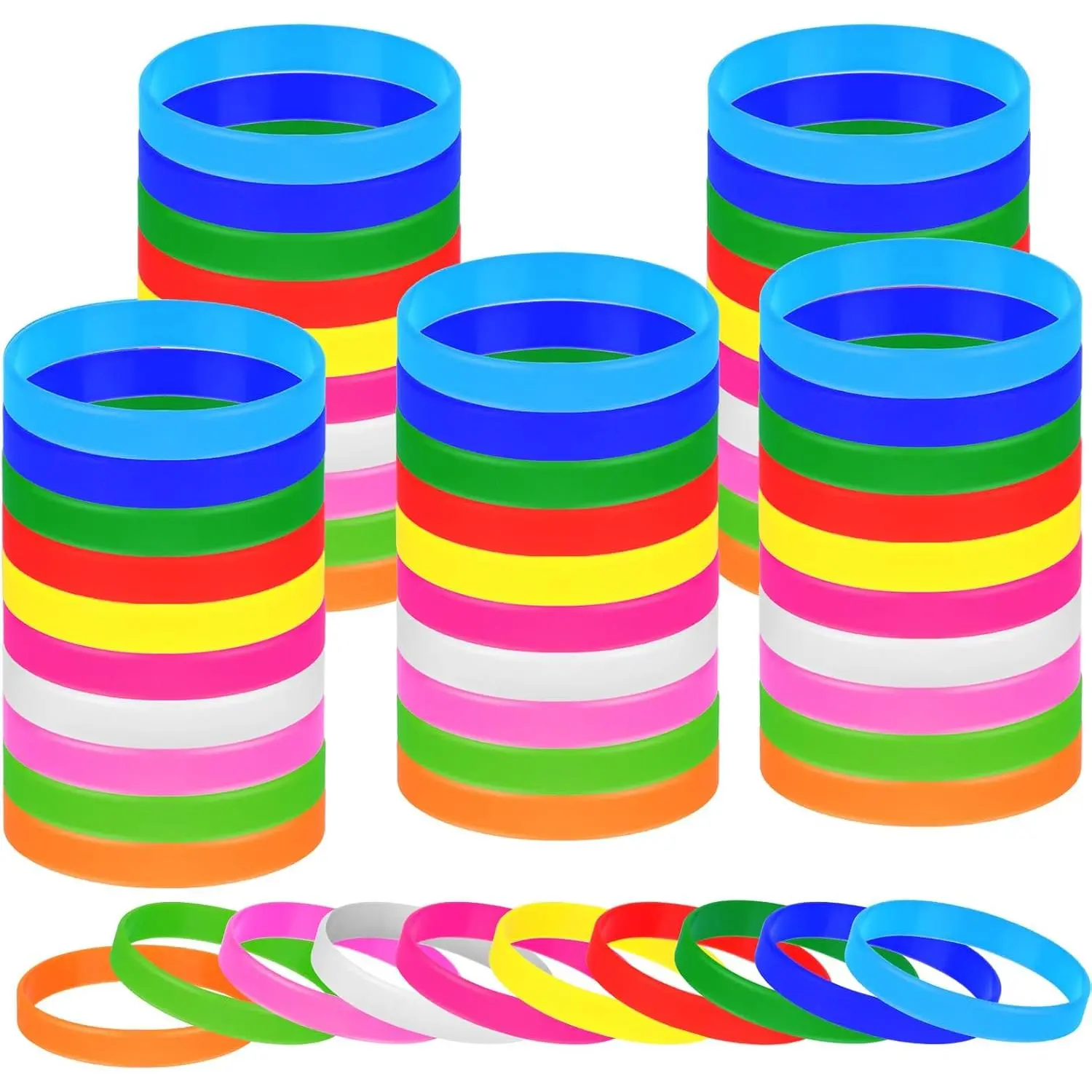 50 count Solid Color Rubber Bracelets  Wristbands 10 Colors/Black/Green/Yellow/Orange/Blue/, Rubber Wristbands for Women