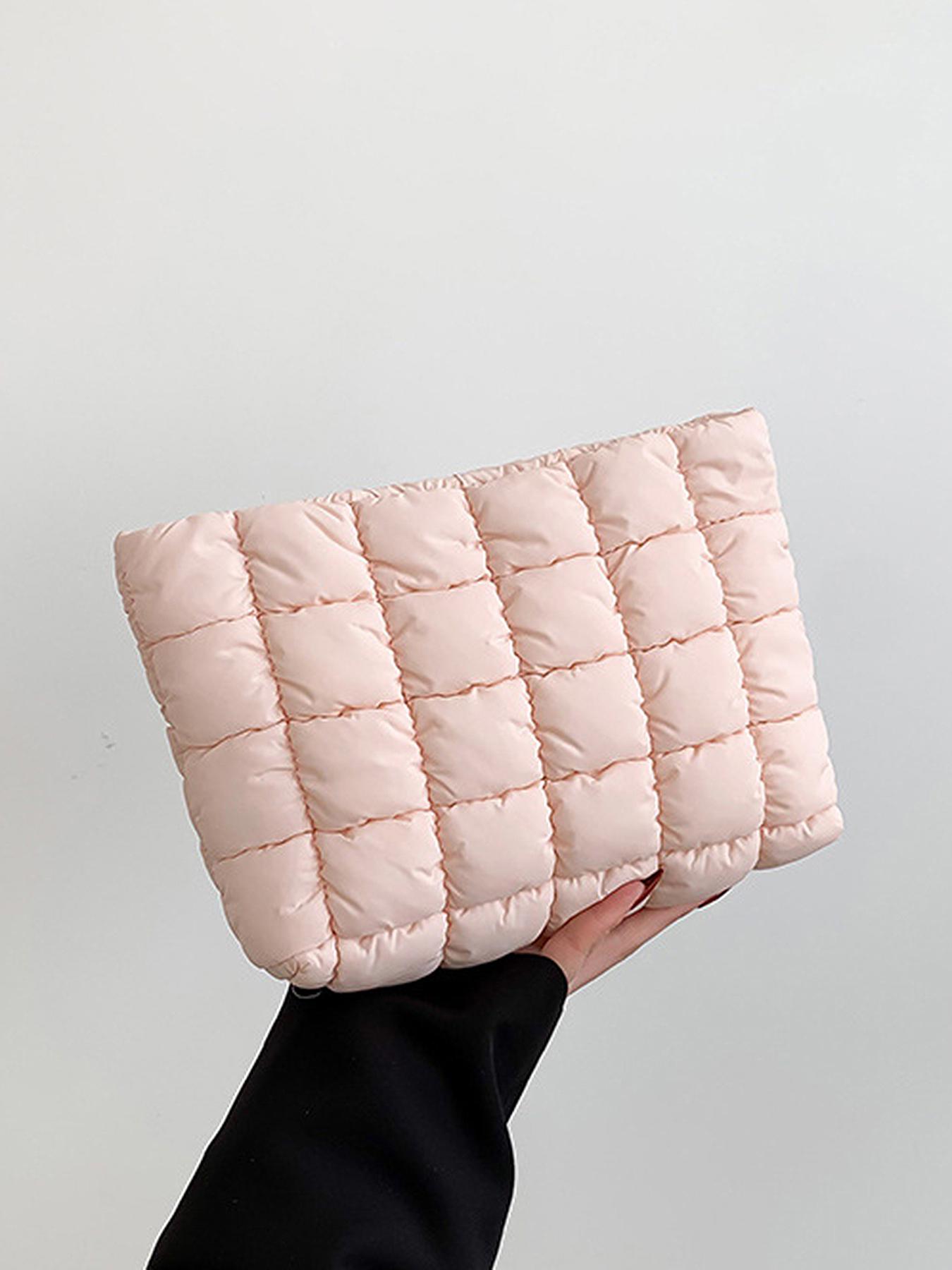 Solid color quilted design clutch bag, large capacity zipper travel storage bag, women's portable travel storage bag, back to school season, suitable for daily commuting and travel, school portable bag, Quilted Purse