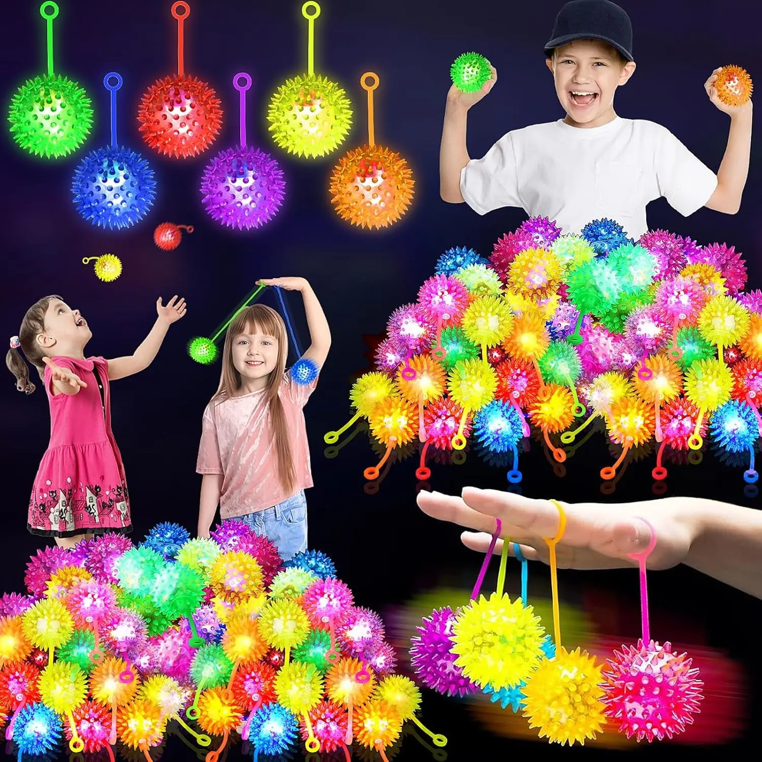 24PCS Light Up Balls Stress Bouncy Balls for Kids, 6 Colors Flashing Squeaky Ball 2.2inch, Light Up Toys for Toddlers 1-3, 4th of July Party Favors for Teens Adults Children