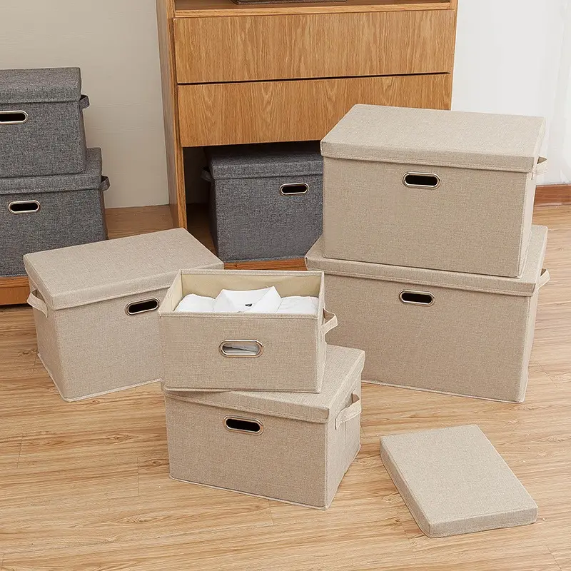 Foldable Linen Fabric Storage Box with Lid Stackable Clothes Organizer Bin with Metal Handles for Wardrobe Bedroom, Fabric Bins