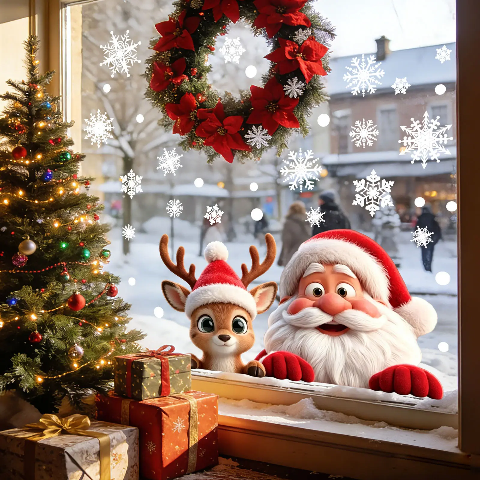 1Pc (30*90cm) Peeking Santa & Reindeer Static Window Cling With Snowflake, Glue-Free Removable Glass Decor Sticker For Christmas Window Display