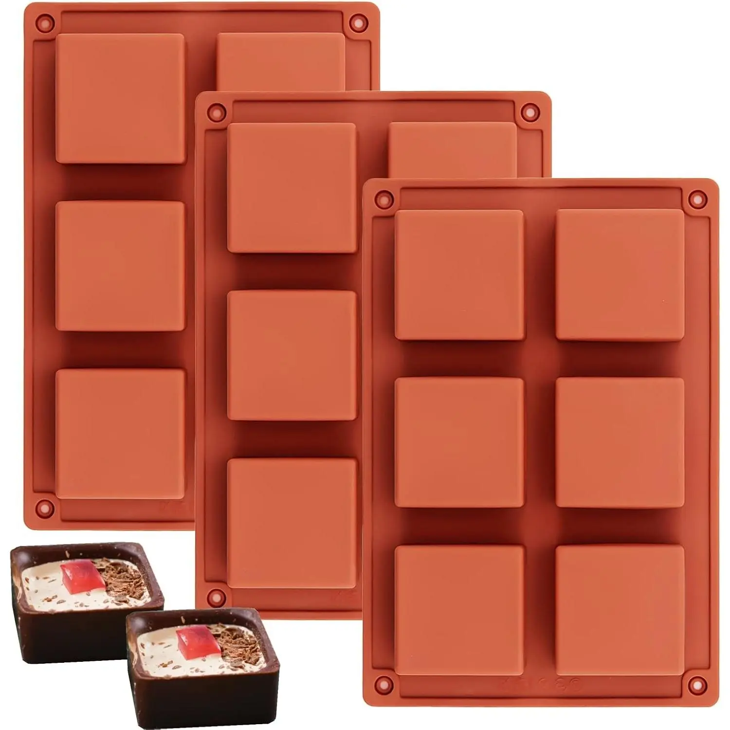 Ocmoiy Silicone Brownie Pan, 3 Pcs 6-Cavity 2"x2"x1" Non-Stick Square Chocolate Baking Molds, Ideal for Brownie Bites, Muffins, Fudges, Truffles, Keto Fat Bombs