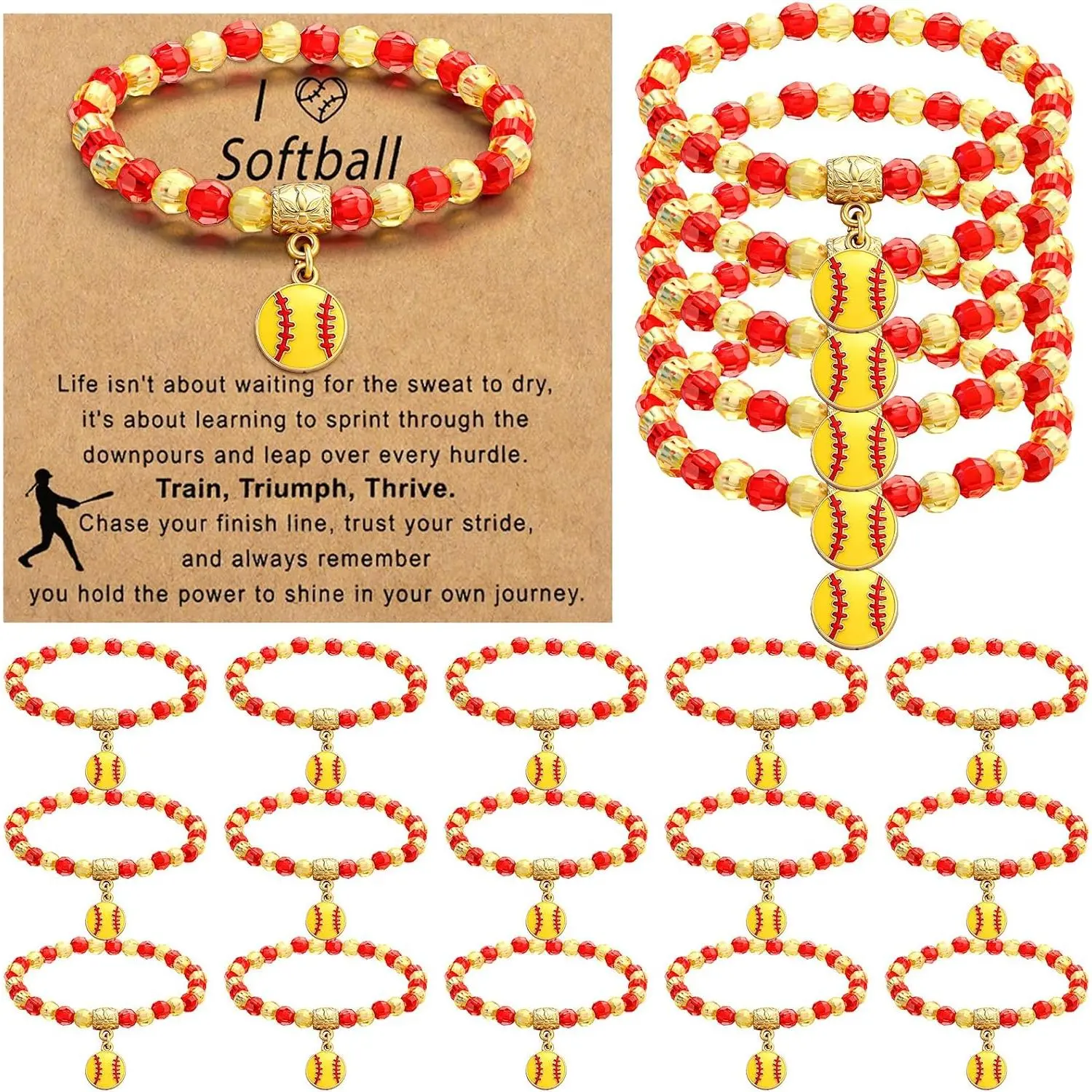 20 Pack Softball Charm Bracelets, Adjustable Plastic Bead Bracelets for Players and Teams, Bulk End of Season Gifts with Matching Cards, Adjustable Size, Modern, Plastic Beads, Team Gift, Unisex