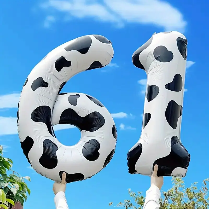 40inch Cow Pattern Aluminum Foil Number Balloons Children's Birthday Decoration Balloons Western Cowboy Farm Theme Decoration Accessories Numbers 0-9, Halloween Decorations, Christmas Decorations, Animal Print Balloons