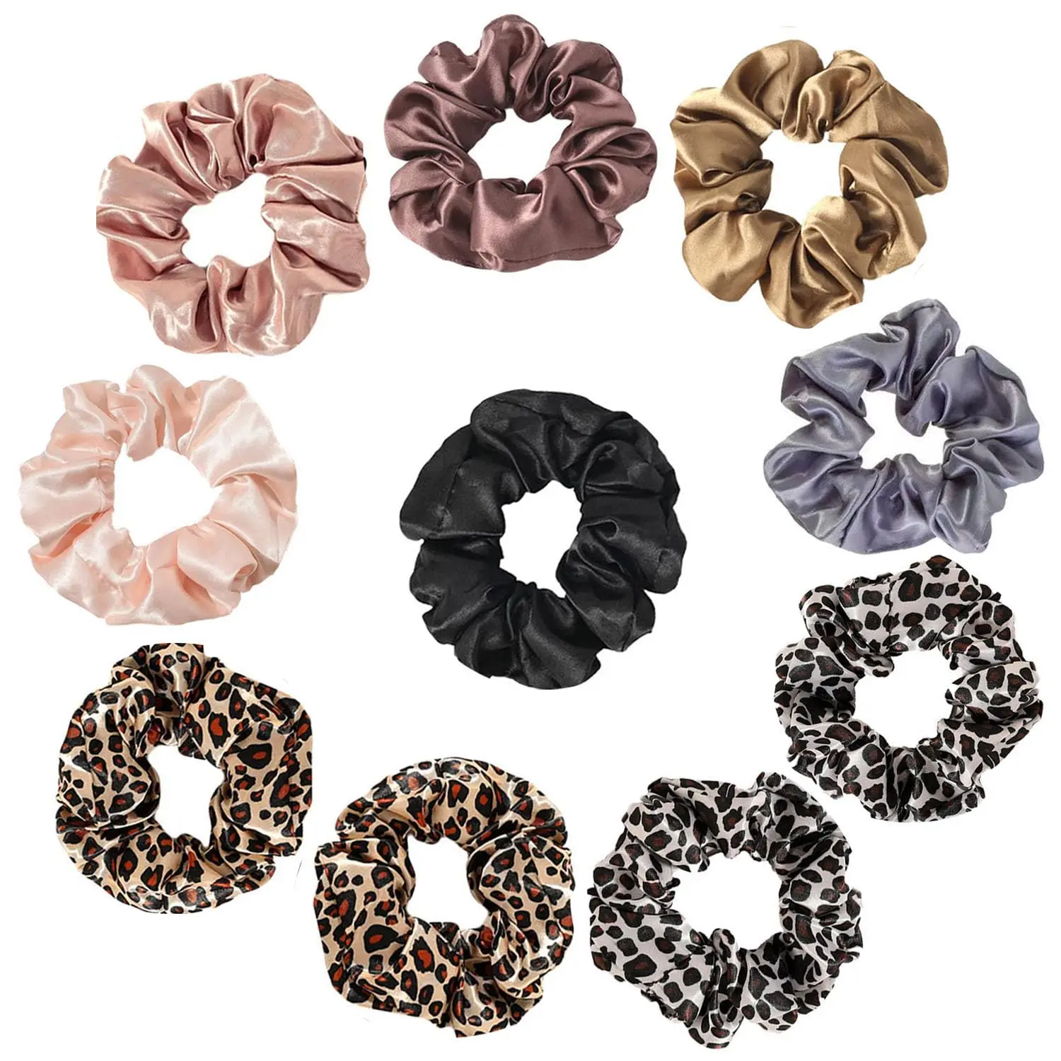 Satin Scrunchies for Women and Girls, Hair Ties for Thick or Thin Hair, Curly Hair, Soft and Durable, No Damage (12cm/4.7in, 6 Solids + 4 Leopard)