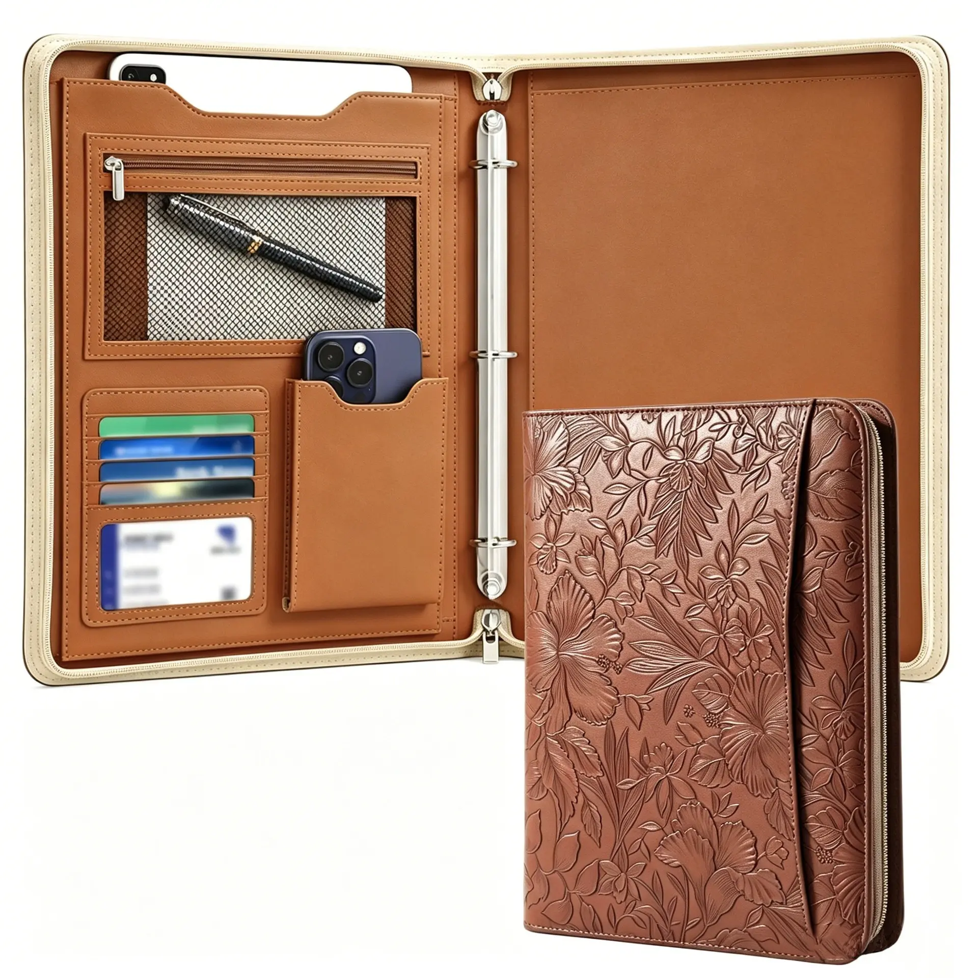 Embossed Leather A4 Zipper Padfolio, 3 Ring Binder Business Portfolio Organizer with Tablet Slot, Card Holders & ID Window, Professional Resume Folder for Job Interview, Sales Presentation, Office Meeting & Business Travel, Large Capacity Executive Manage
