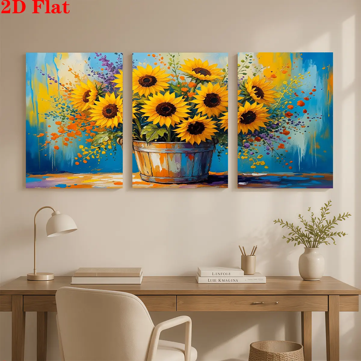 2D three-piece canvas art wall painting - A Bucket of Sunflowers. Suitable for office, restaurant, living room, bedroom, and home decoration. An ideal gift for Christmas, Independence Day, and birthdays. Adds a touch of beautiful wall art tCanvas Wall Art