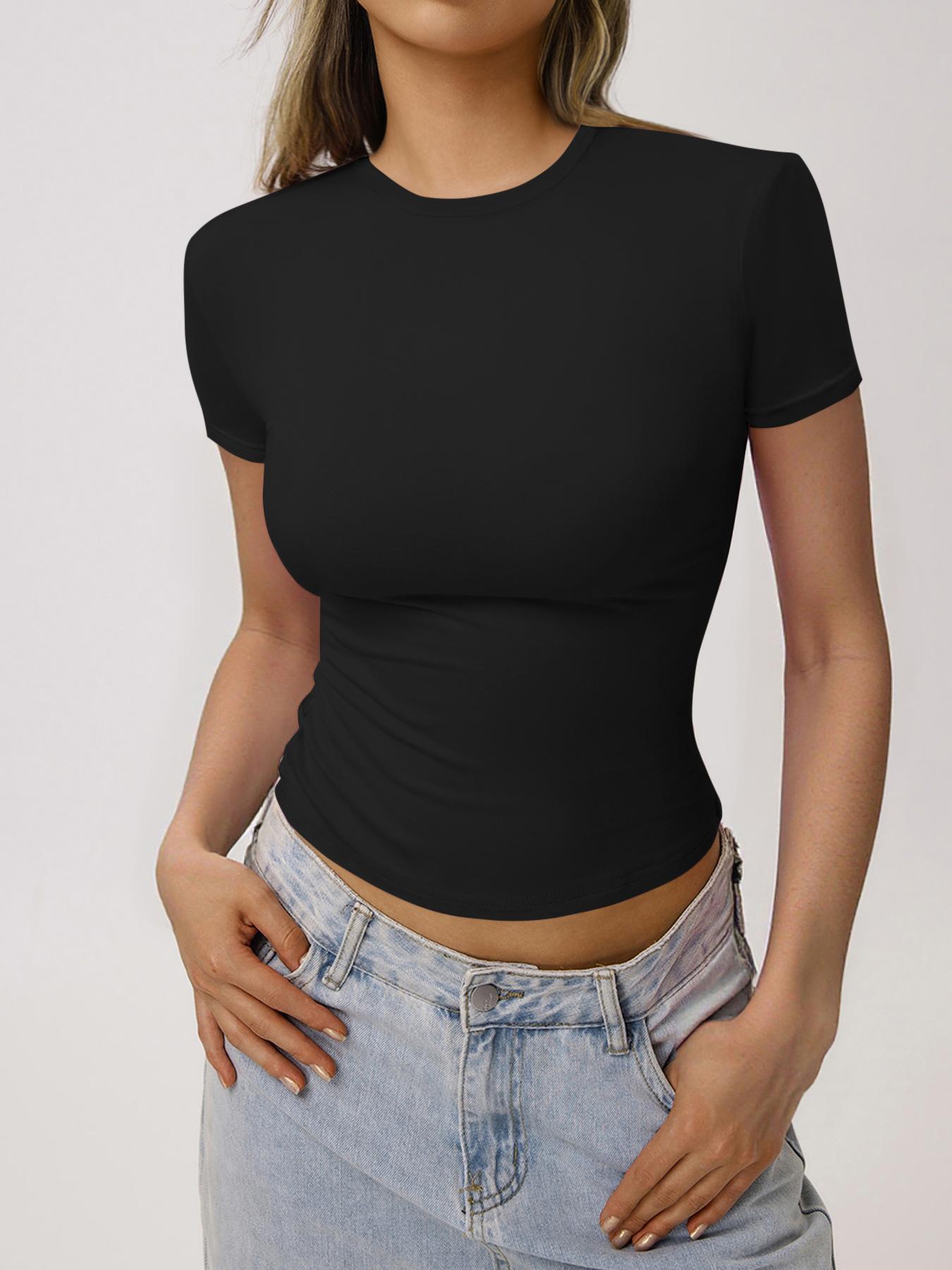 Women's Solid Shortsleeve Round Neck Basic Tee, Casual Slim-fitting Short Sleeve T-shirt, Ladies Summer Clothes for Daily Wear, Womens Clothes, Womenswear, Tshirt, Crewneck Clothing, Top, Casual Summer Style, Casual Chic Minimalist