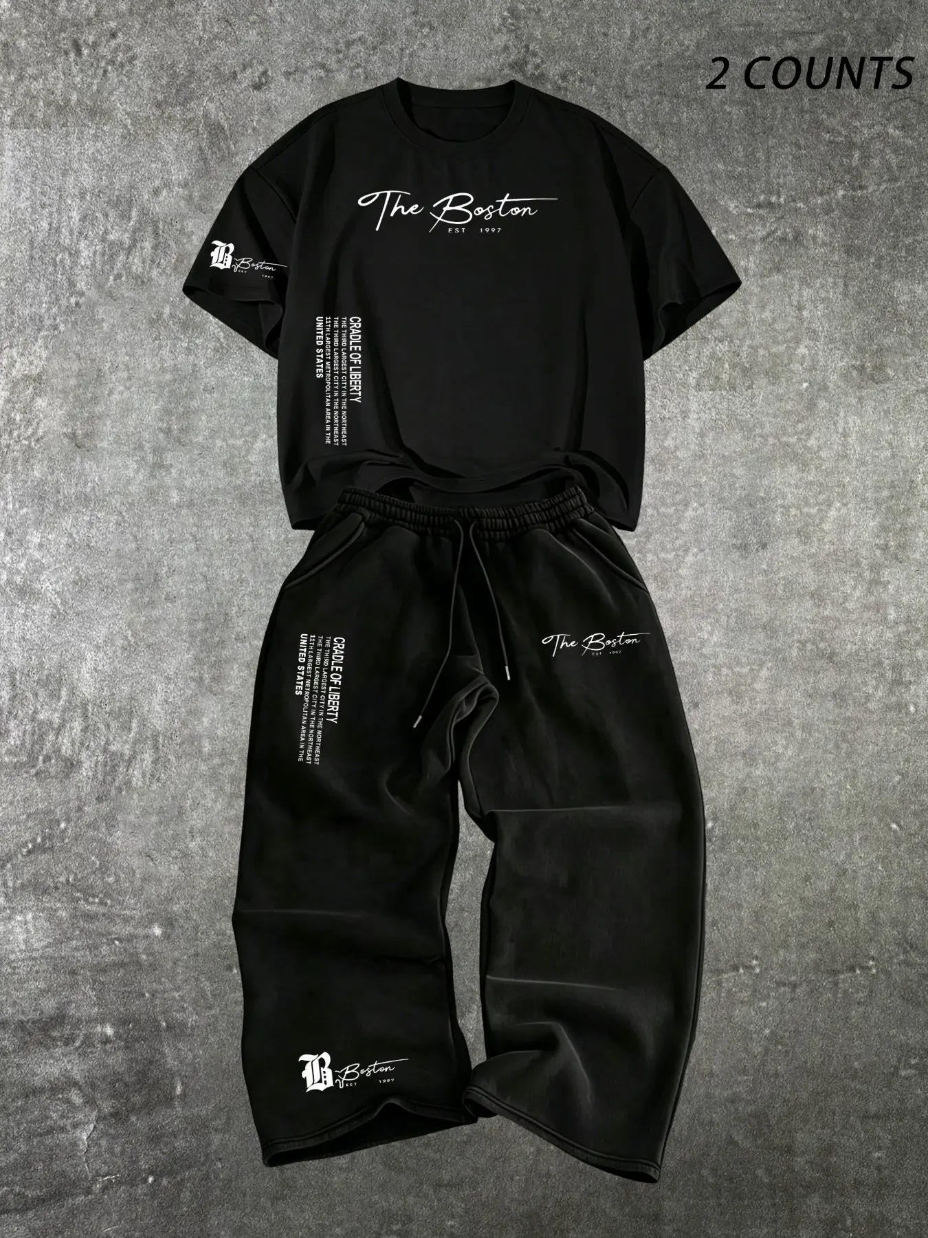 Men's Oversized Short Sleeve T-Shirt & Wide Leg Drawstring Sweatpants Outfit Set, Menswear, Relaxed Fit, Boston Cursive Letter Text Multi-Position Print Elastic Waist Casual Hip Hop Streetwear Matching Tracksuit