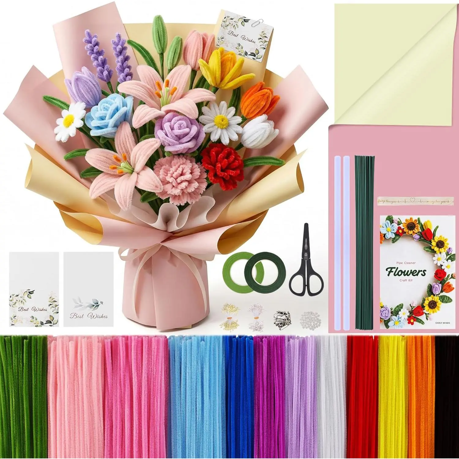 Decorative Pipe Cleaner Craft Kit (800Pcs) - 12-Color Chenille Stems, Floral Tape, Gift Wrap Pack & More, with Tutorial, for Car Exterior Decoration, Mother's Day Handmade Gifts