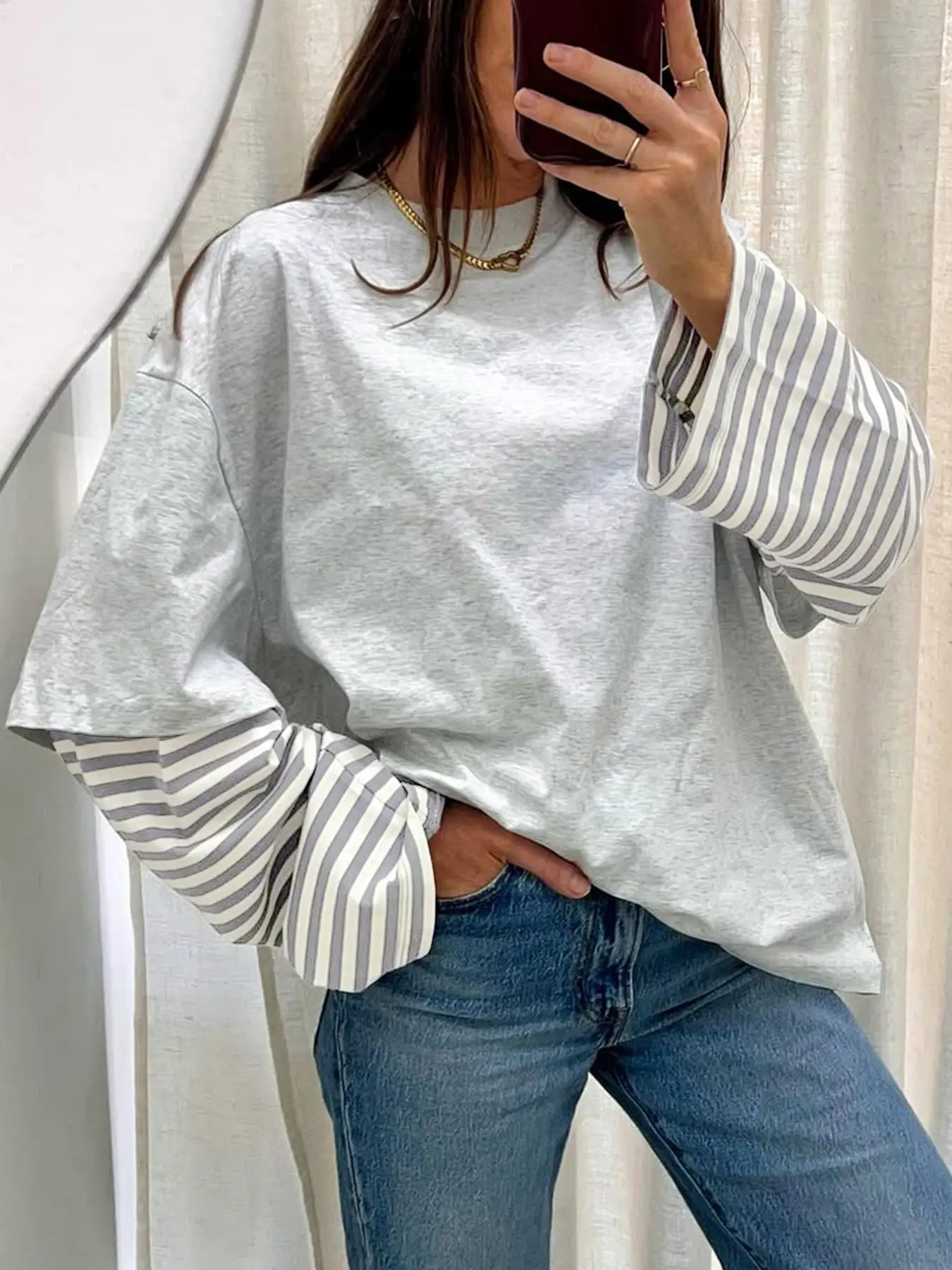 Women's Loose Round Neck Patchwork Striped Long Sleeve Top, Autumn Casual Versatile Basic T-Shirt, Comfortable and Stylish, Casual Everyday Tops