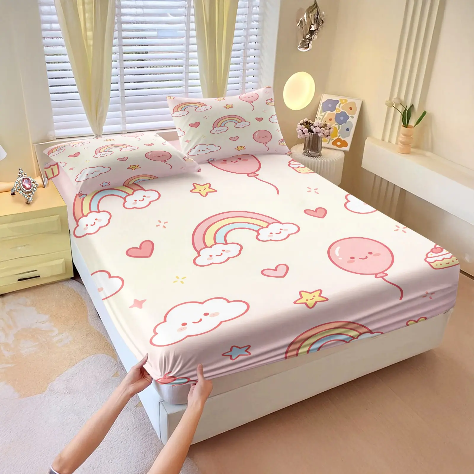 3Pcs Macaron Cartoon Cloud Fitted Sheet Set, moon rainbow bird cake cute prints, stretch anti-slip fit, bedding for teen girls dorm, Bedsheets