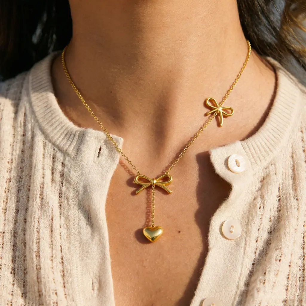 Main Character Energy Asymmetric Bow Heart Lariat Necklace 1Pc Gold Titanium Steel Y Shaped Necklace Coquette Balletcore Effortless Glamour Everyday Layering Jewelry for Women, Chain Jewelry Necklaces
