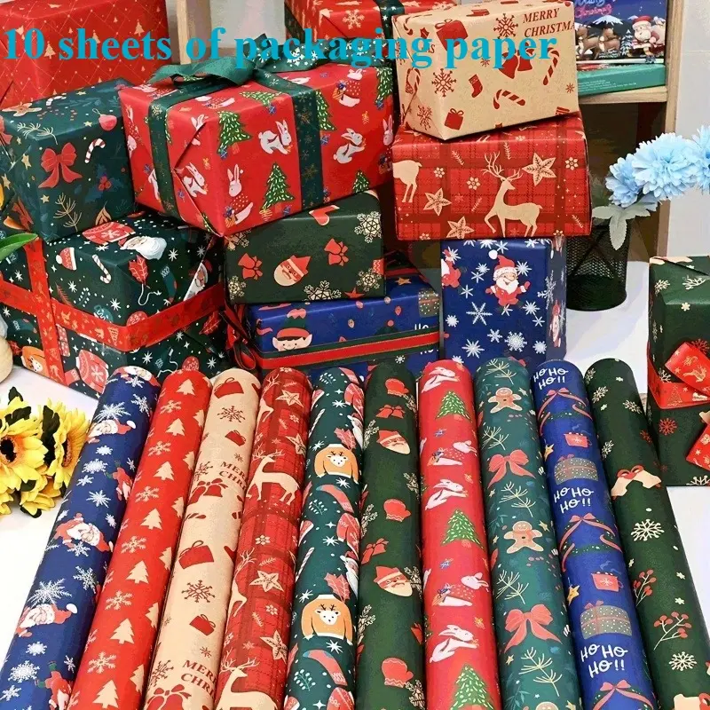 10 durable and reusable Christmas decorative paper and wall stickers - cartoon themed holiday design, holiday decoration, gift wrapping paper, gift wrapping supplies