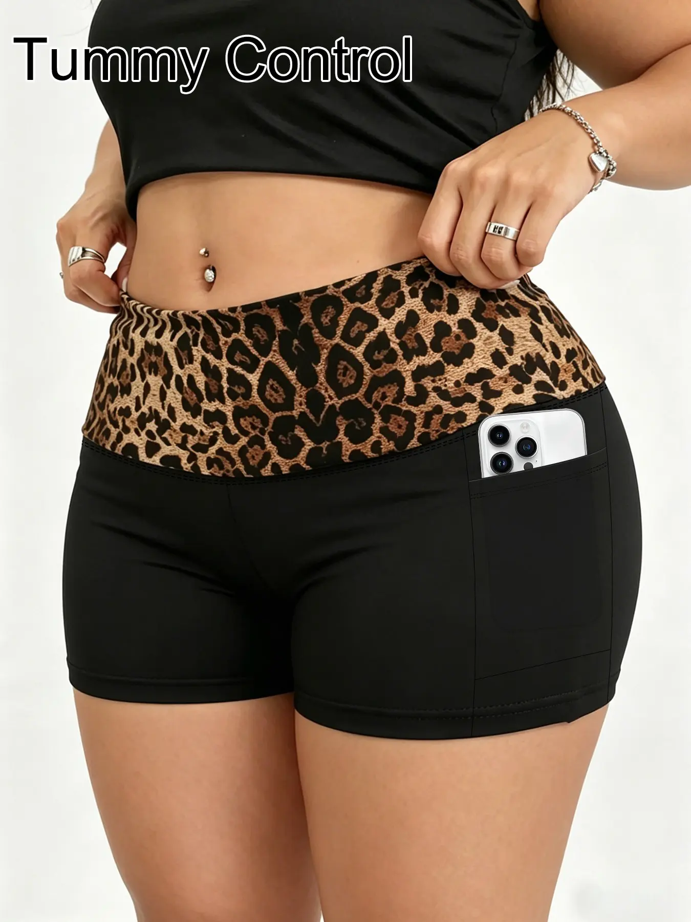 Women's High Waist Hip Pocket Leggings, Leopard Print Waistband, Plus Size Comfort Fit, Daily Wear & Active Lifestyle, Everyday, Bottoms