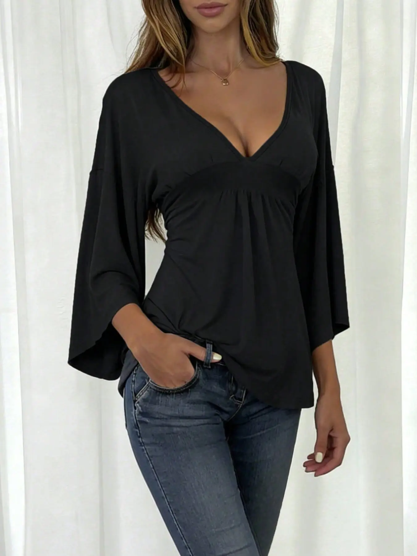 Deep V Neck Batwing Sleeve Top, Waist Ruched Design, Loose Fit Long Sleeve T-Shirt, Casual Comfortable Apparel for Women