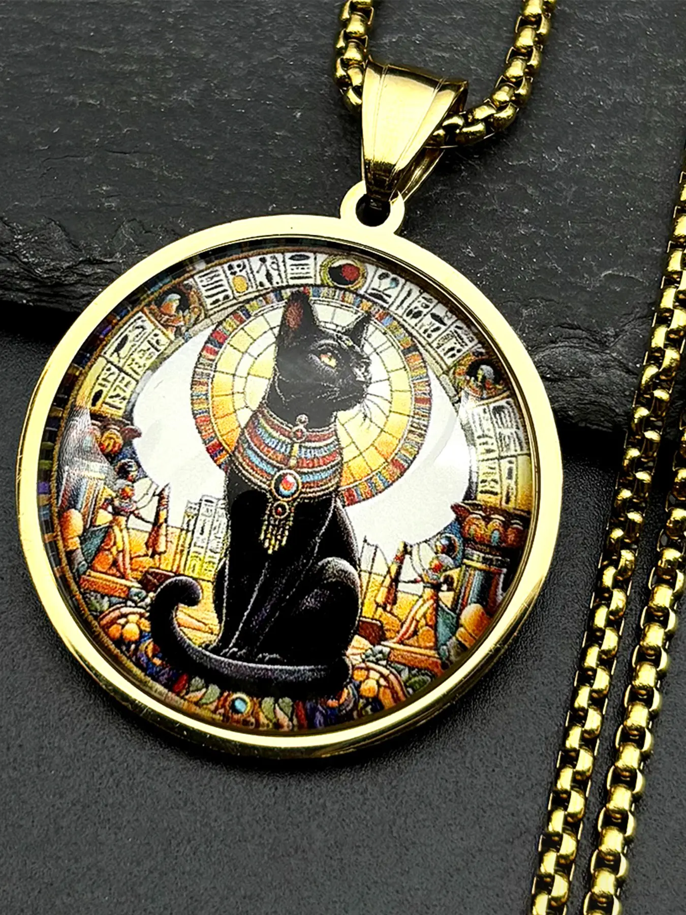 Vintage Black Egyptian Cat Goddess Bastet Glass Pendant Necklace Stainless Steel Gold Color Ancient Egypt Chain Amulet