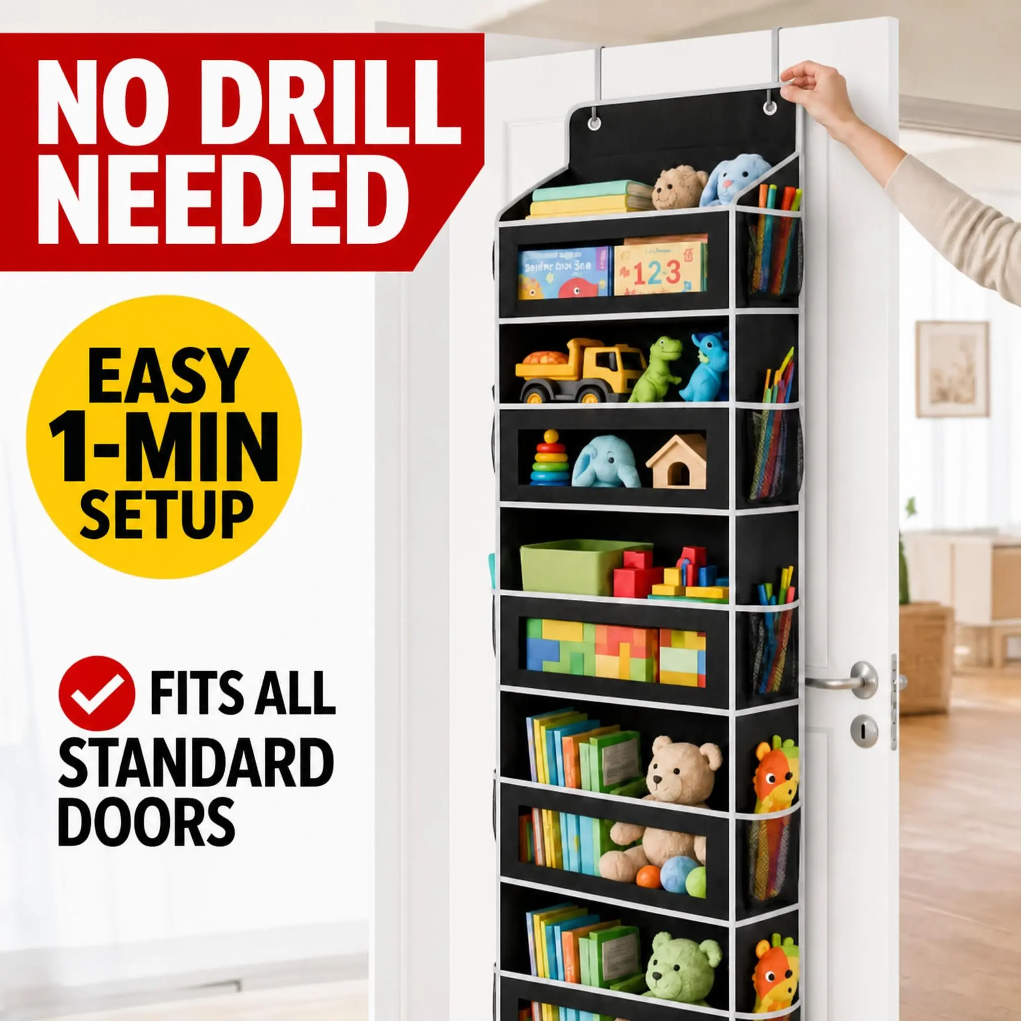 Must-have for parents! 5-tier over-door hanging pouch stores diapers, wipes, toys – grab-and-go. No-drill, no damage. Durable Oxford fabric. Hang in bathroom, nursery, anywhere. Declutter instantly!