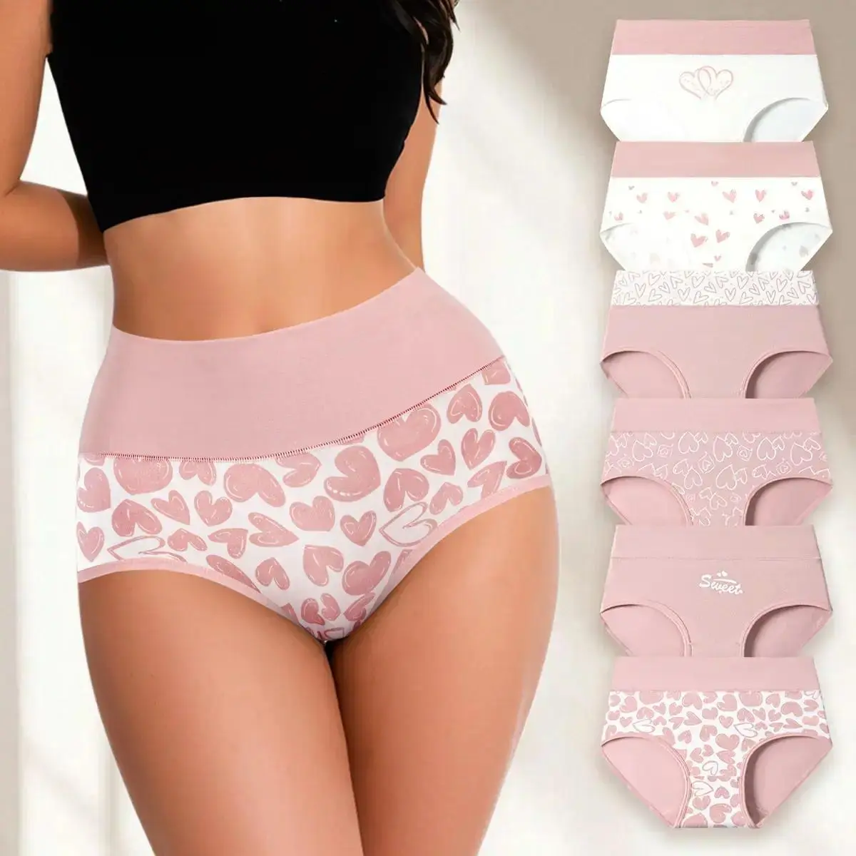 Women's Cute Soft Cotton Panties, High-Waist Briefs - 4/6 Pieces, Heart Print, Stretchy Band, Double Layer Crotch, Snug Comfortable Fit, All Seasons, Postpartum Wear, Satin Accent, FallFreshness SpringStatements Cotton Underwear