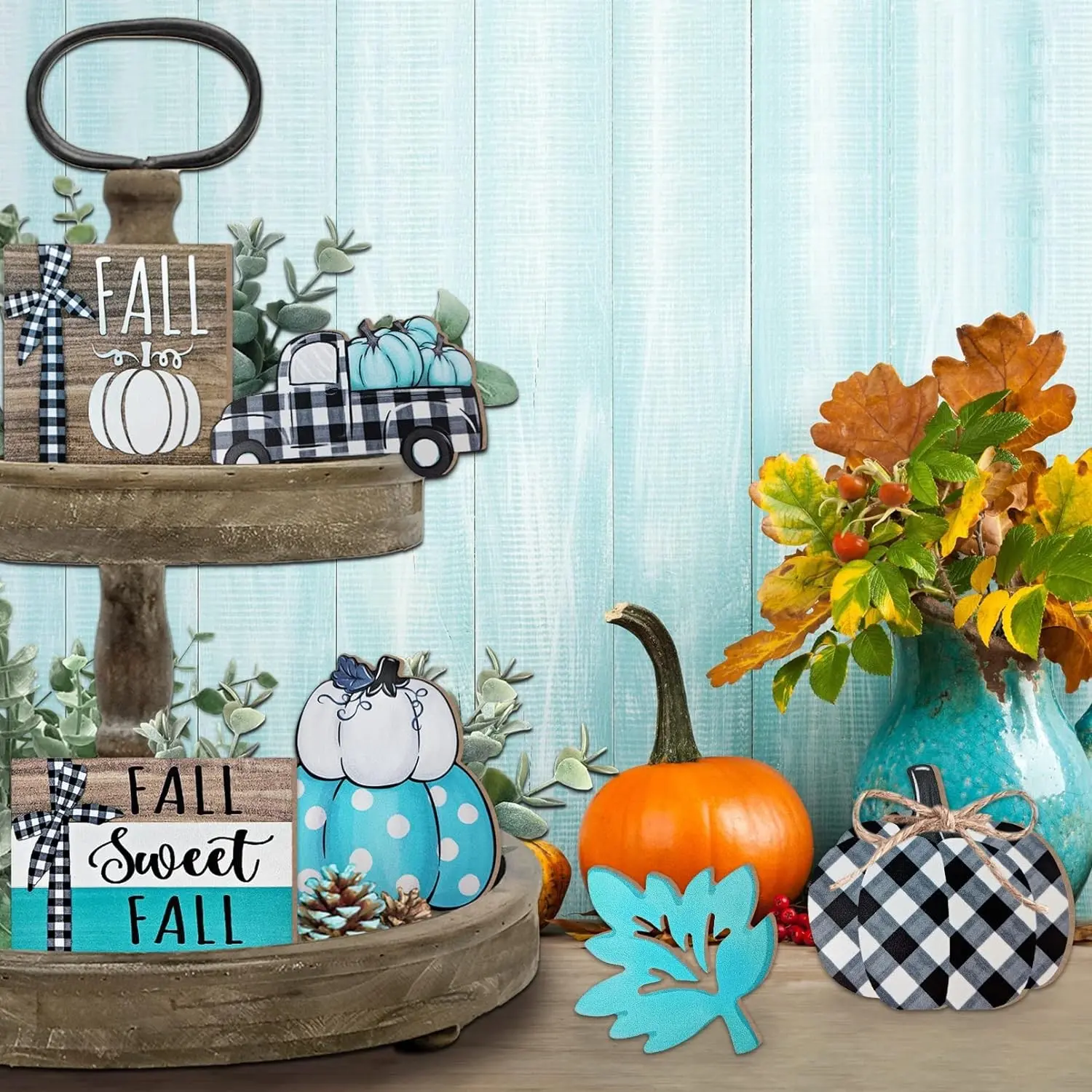 6-Piece Fall Pumpkin Wooden Tiered Tray Set, Blue Checkered, Maple Leaf Truck Sign, Farmhouse Style, Thanksgiving Table Decor