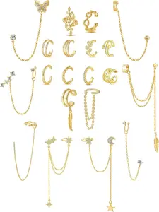 20Pcs Ear Cuff Earrings Clips On Helix Cartilage Dangle Chain Wrap Cuff Earrings for Women Girls Silver Gold Tone Adjustable Ear Cuffs Non Piercing