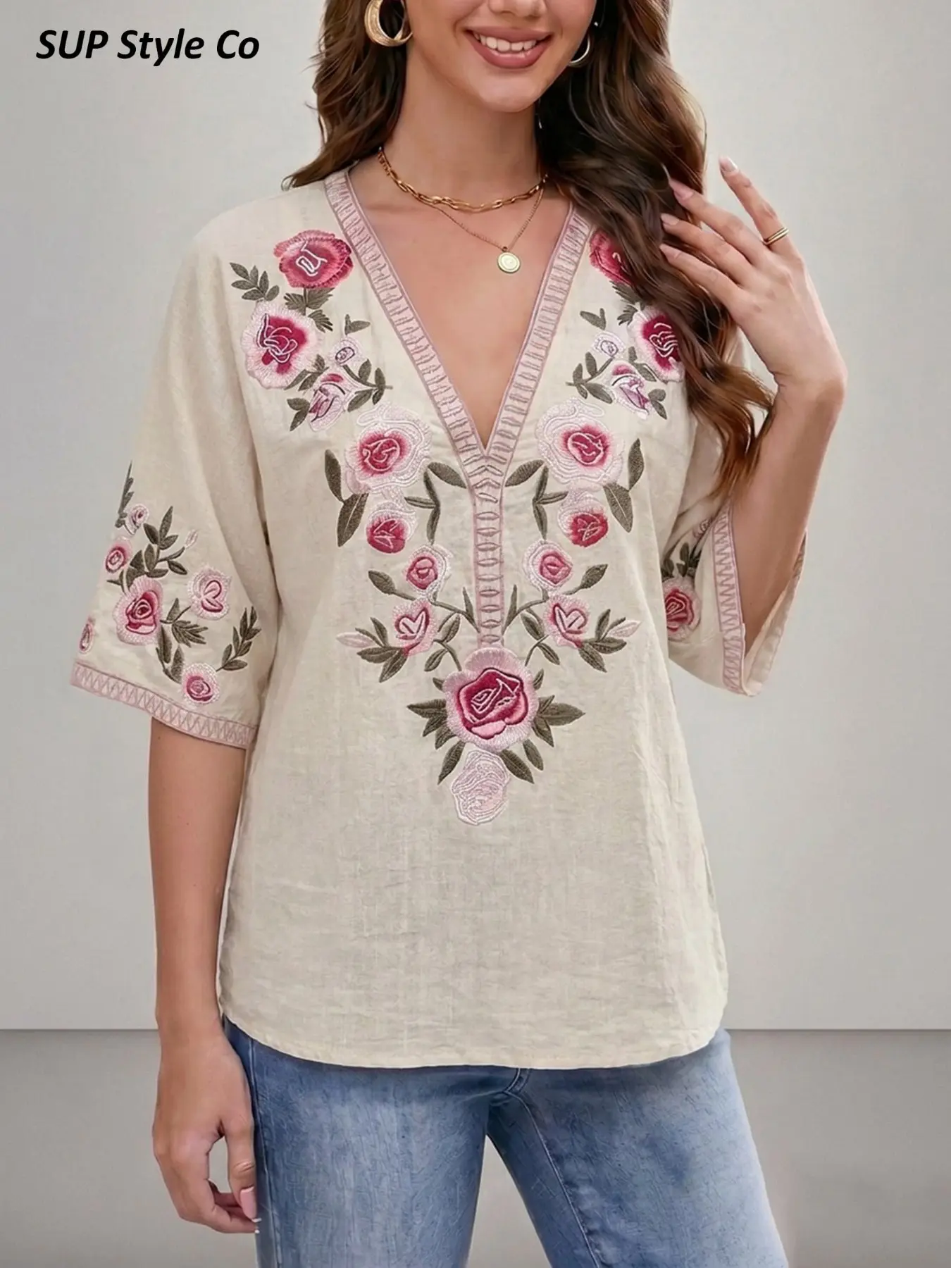 Women's Floral Pattern Embroidered Top, Flowy Boho Romantic Countryside Style, High-End Fresh Casual Look, Perfect for Vacation and Cultural Exploration