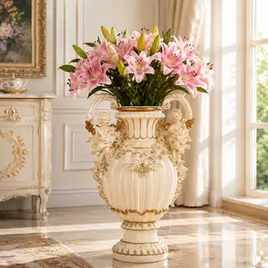 Retro European Style Angel Cupid Resin Floor Vase, 28.35in H x 19.70in L x 13.20in W, Anti-Scratch Flower Holder, Art Deco Handicraft for Living Room, Entryway Indoor Home Decor
