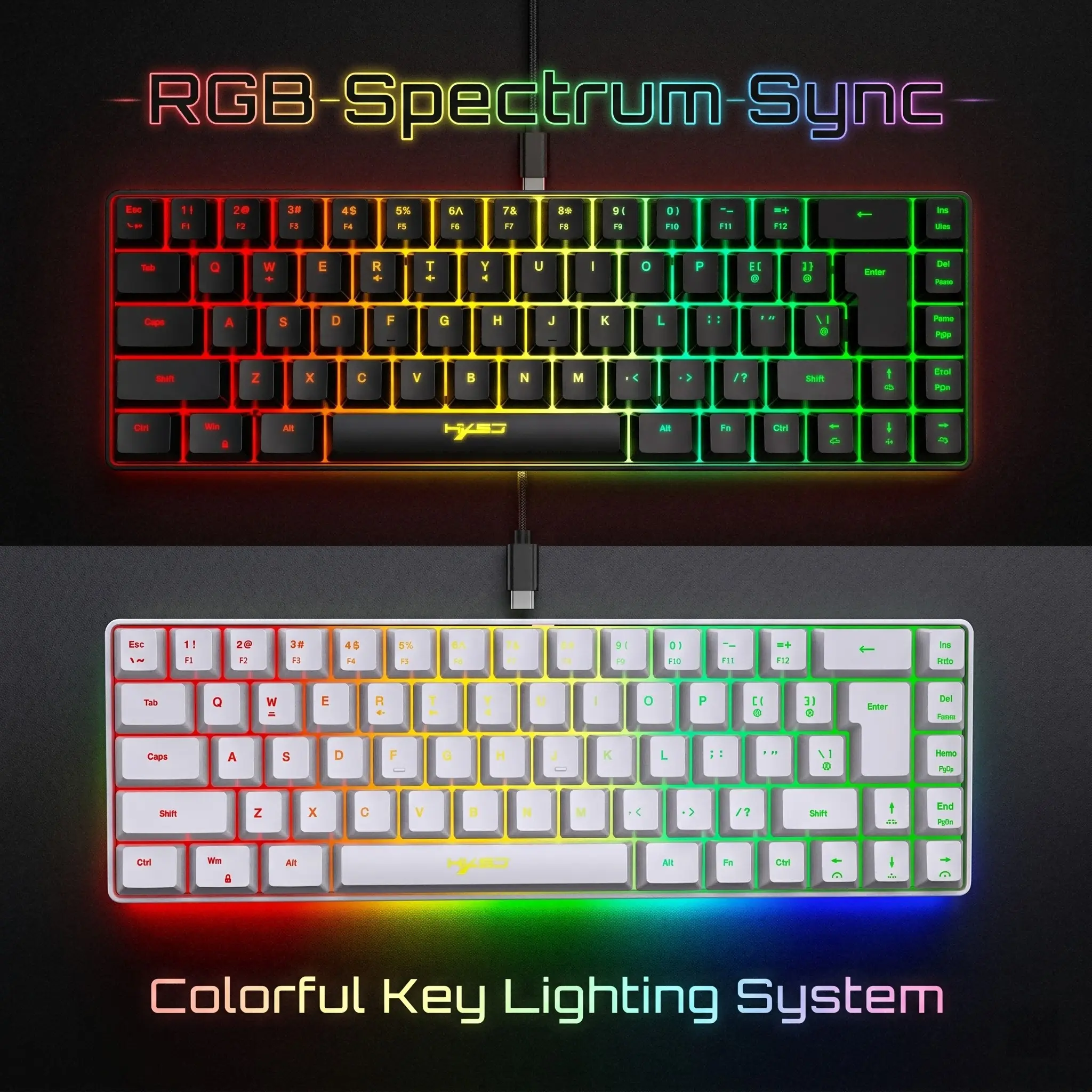 HXSJ 60% Layout 68-Key Wired Gaming Keyboard, Ultra-Compact Mini Size, RGB Backlit, Anti-Ghosting Keys, Ergonomic Design, Windows PC & Laptop Compatible, RGB Keyboards