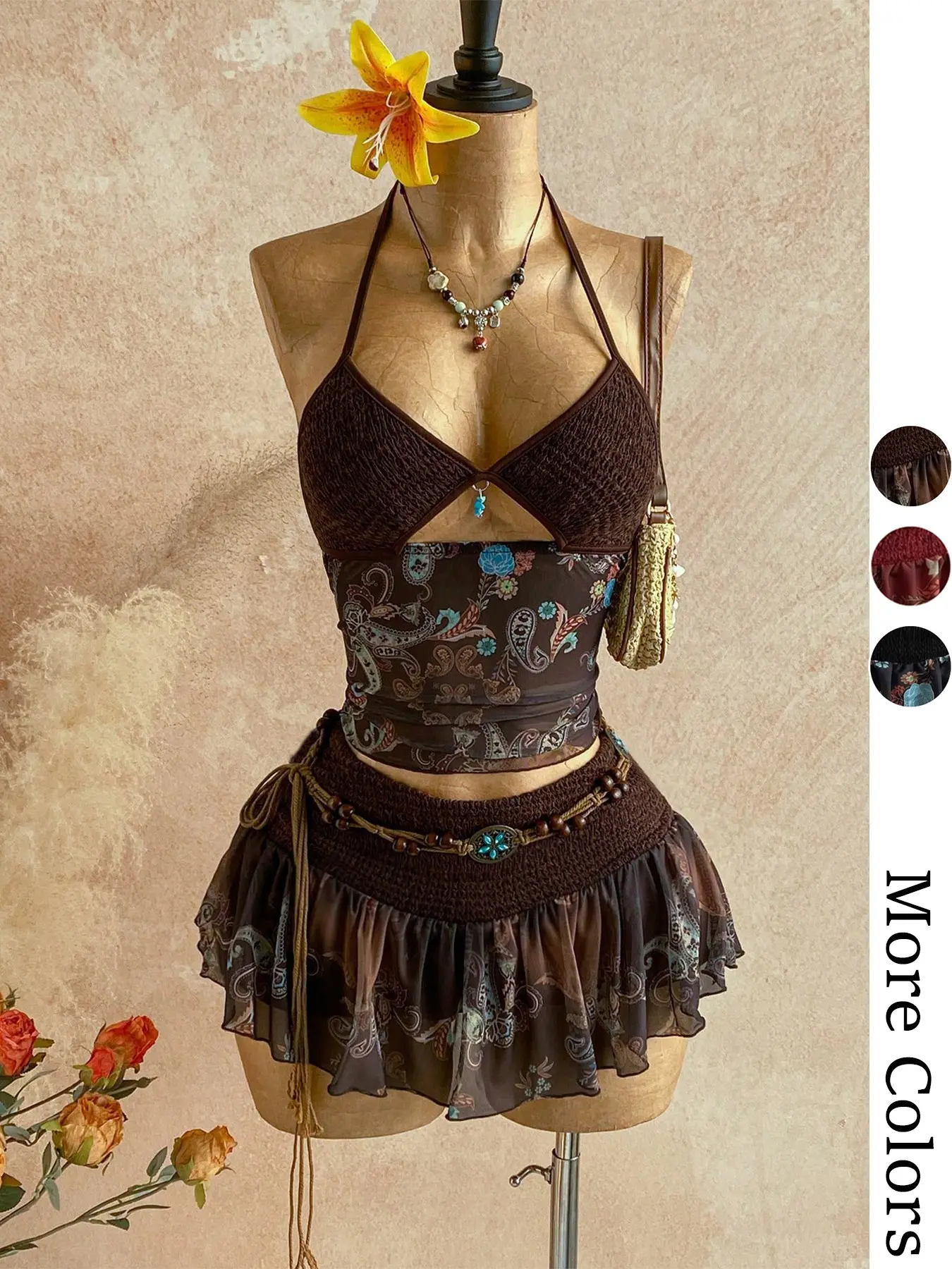 Ladies' Retro Paisley Printed Hook Flower Two Piece Set, Short, Bohemian Hanging Neck Strap+Half Skirt Set, American Retro Y2K, Ethnic Style Splicing Mesh Set, Suitable for Casual, Vacation, Date Wearing in Spring, Summer